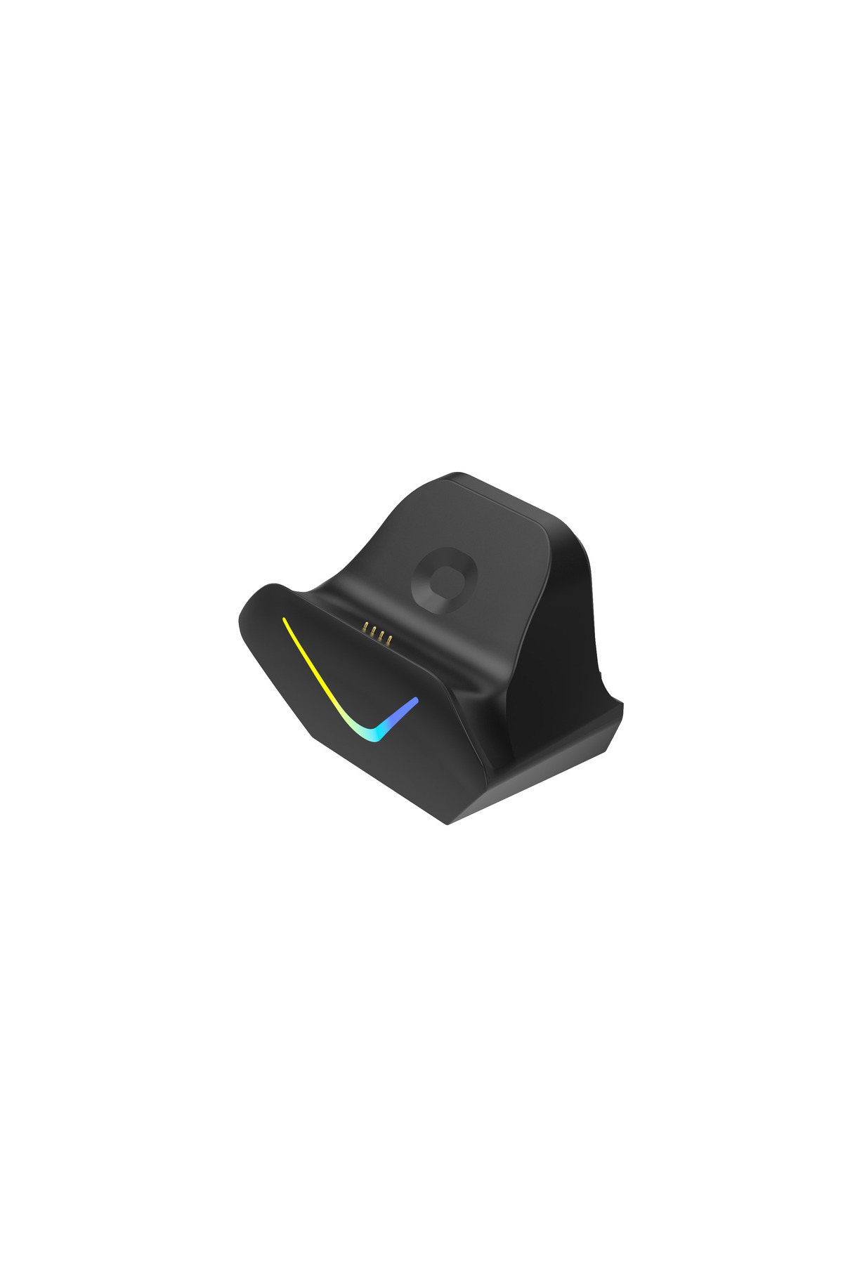 RGB aydınlatmalı ve şarj pinli siyah şarj istasyonu.