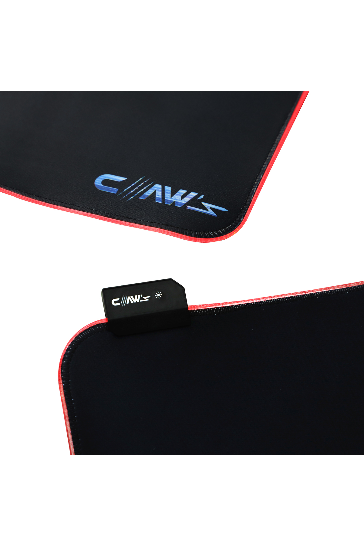 Kırmızı kenarlı ve mavi "C/AWS" logolu siyah mousepad.