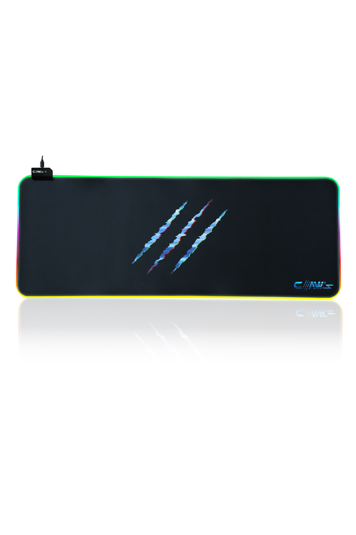 RGB aydınlatmalı, 3 mavi pençe izi ve logolu siyah mousepad.
