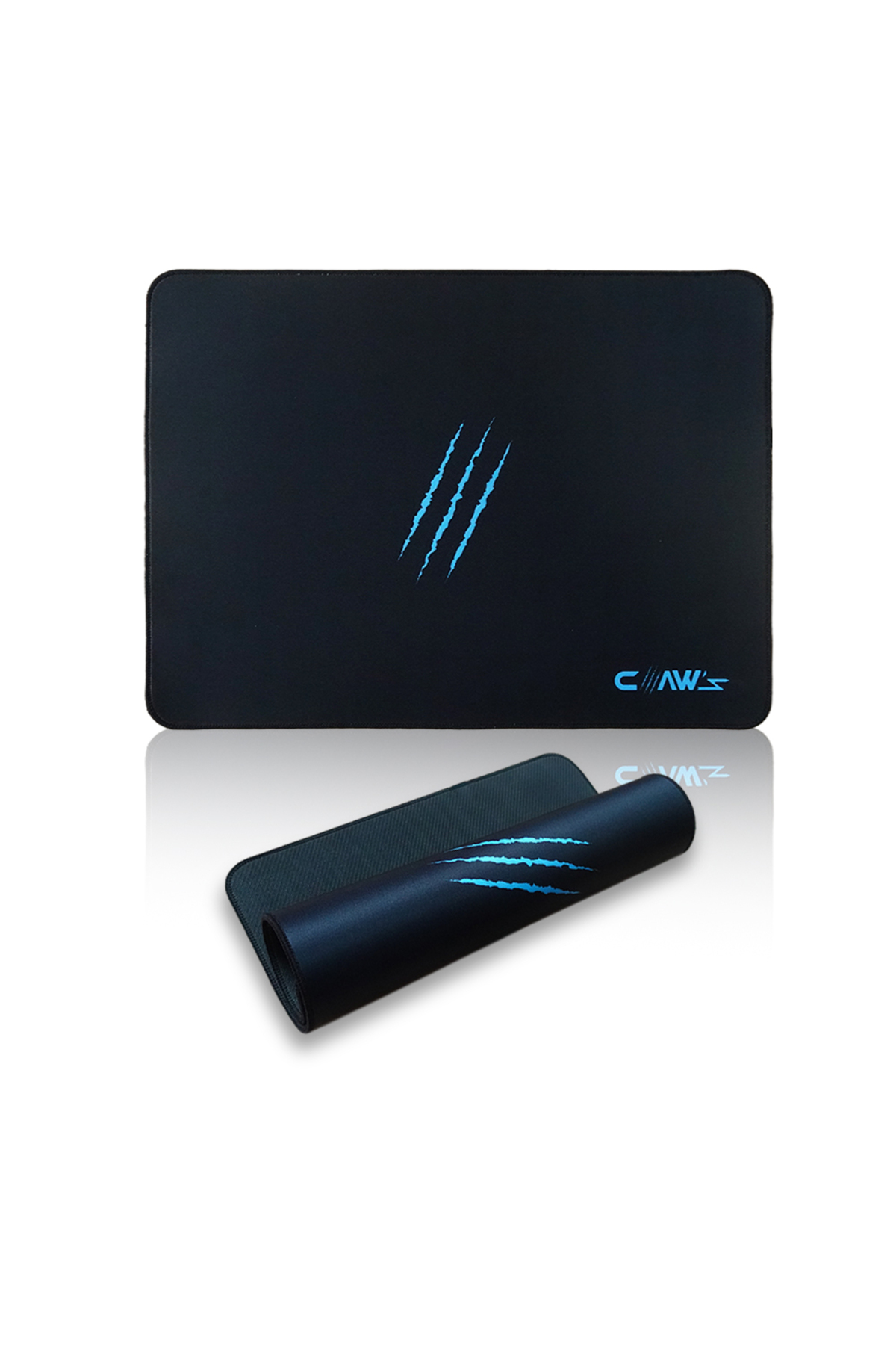 Mavi pençe izleri ve logolu siyah mousepad. Biri rulo yapılmış.