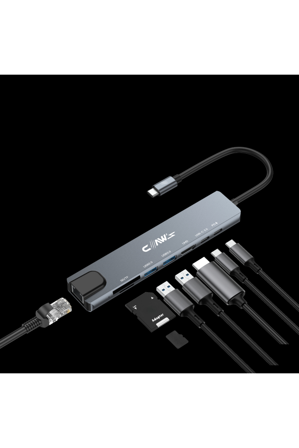 Siyah arka plan üzerinde portları ve kabloları olan gri USB-C hub.
