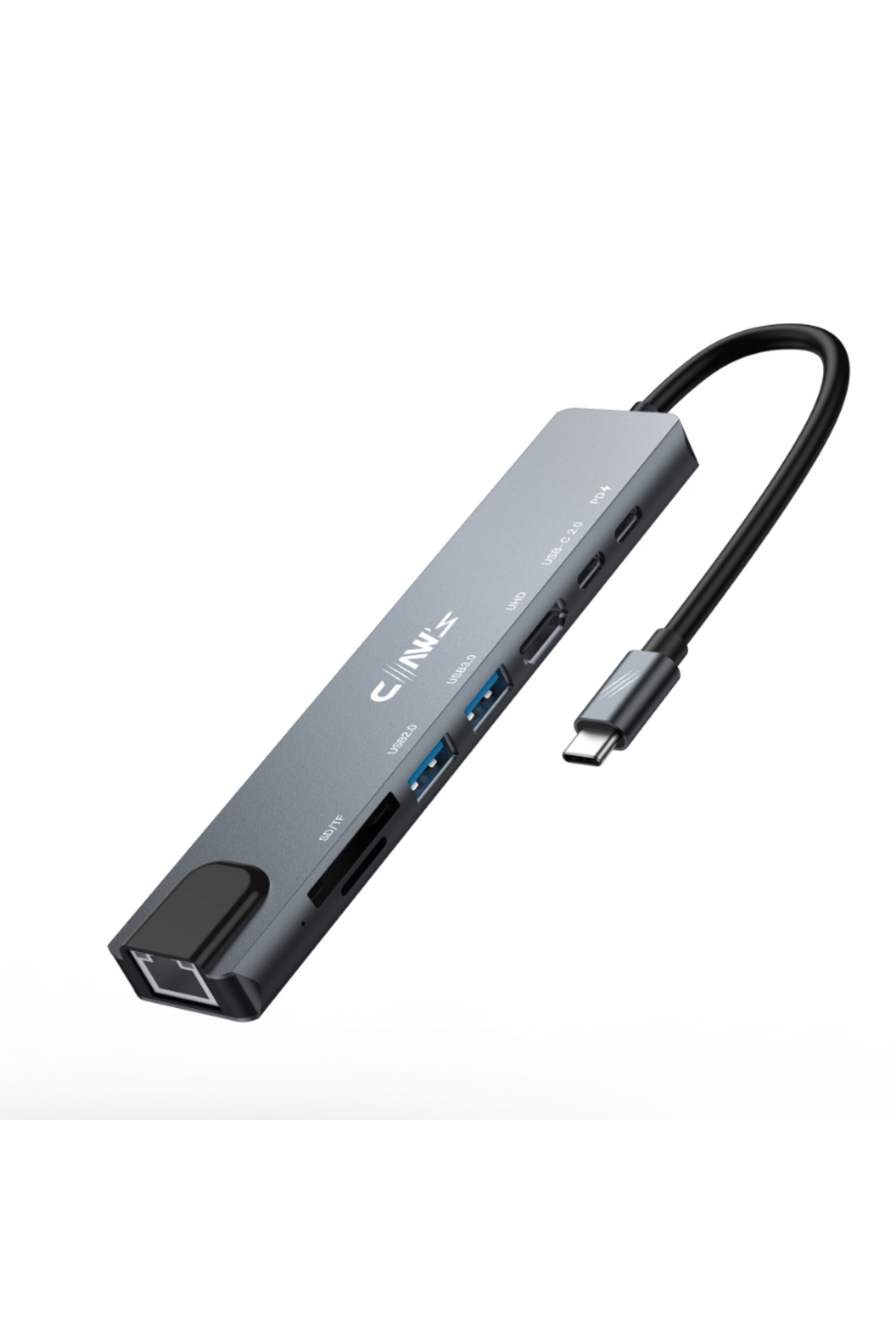 SD/TF kart yuvaları, USB 3.0, 2.0, HDMI ve PD bağlantı noktalarına sahip gri USB-C hub.