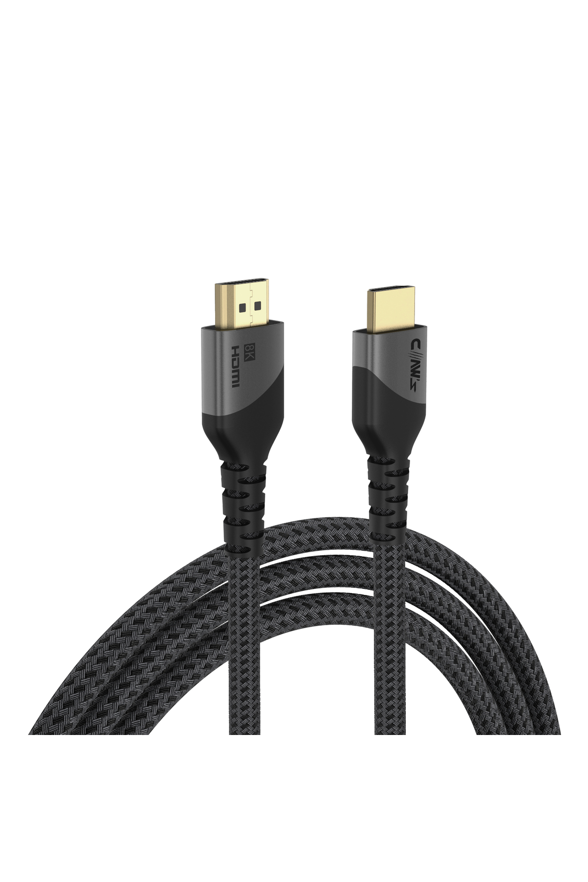 Siyah örgülü kordon üzerinde 8K işaretli iki HDMI kablosu.