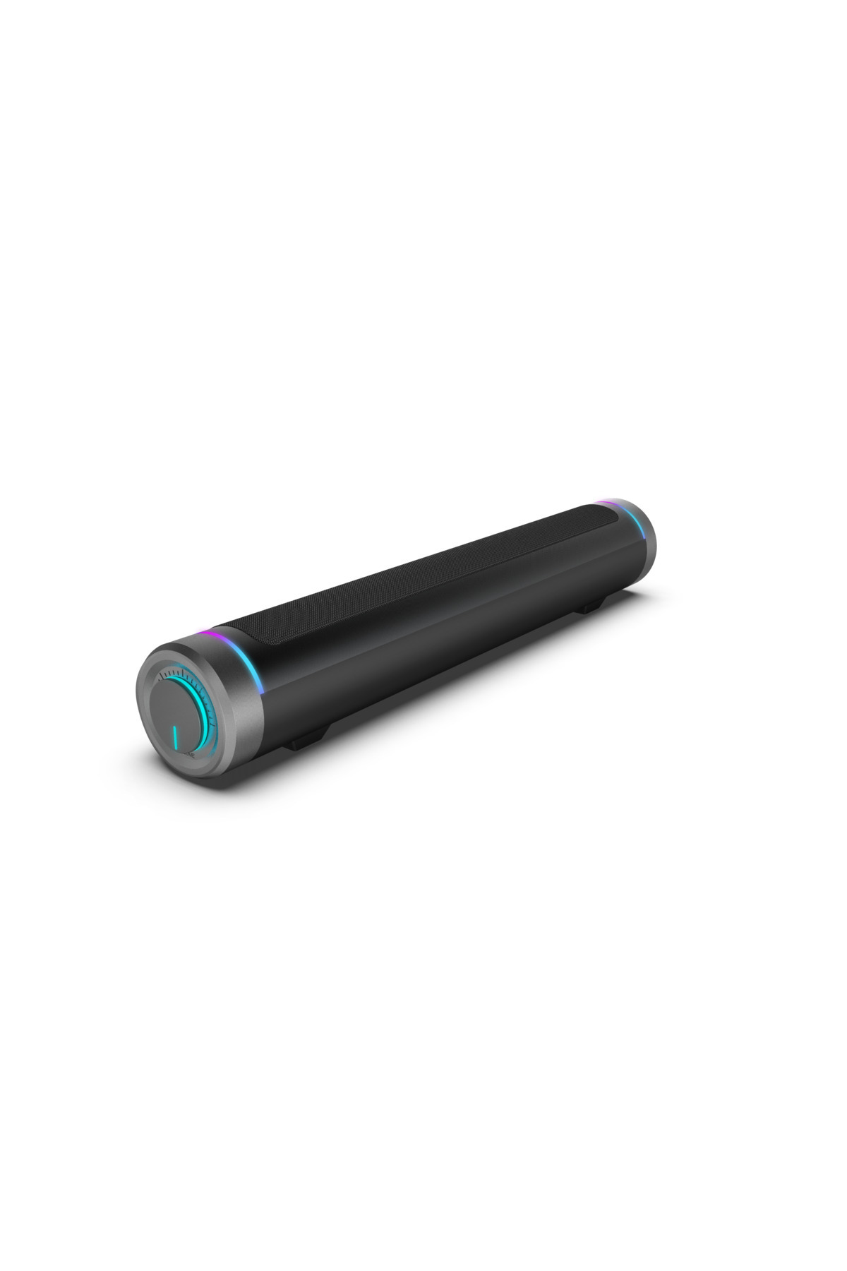 Döner düğmeli ve renkli LED aydınlatmalı siyah Bluetooth hoparlör.