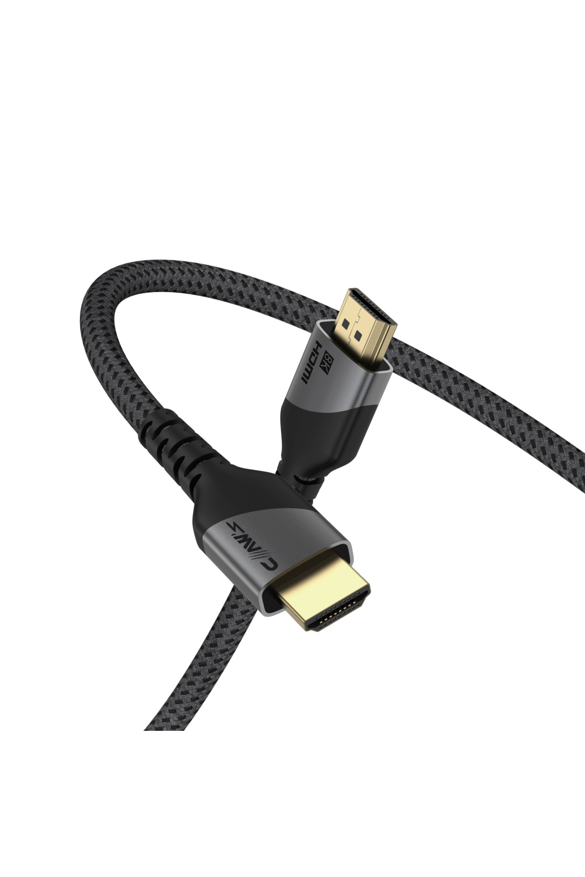 Altın konektörlü ve 8K etiketli siyah HDMI kablosu.