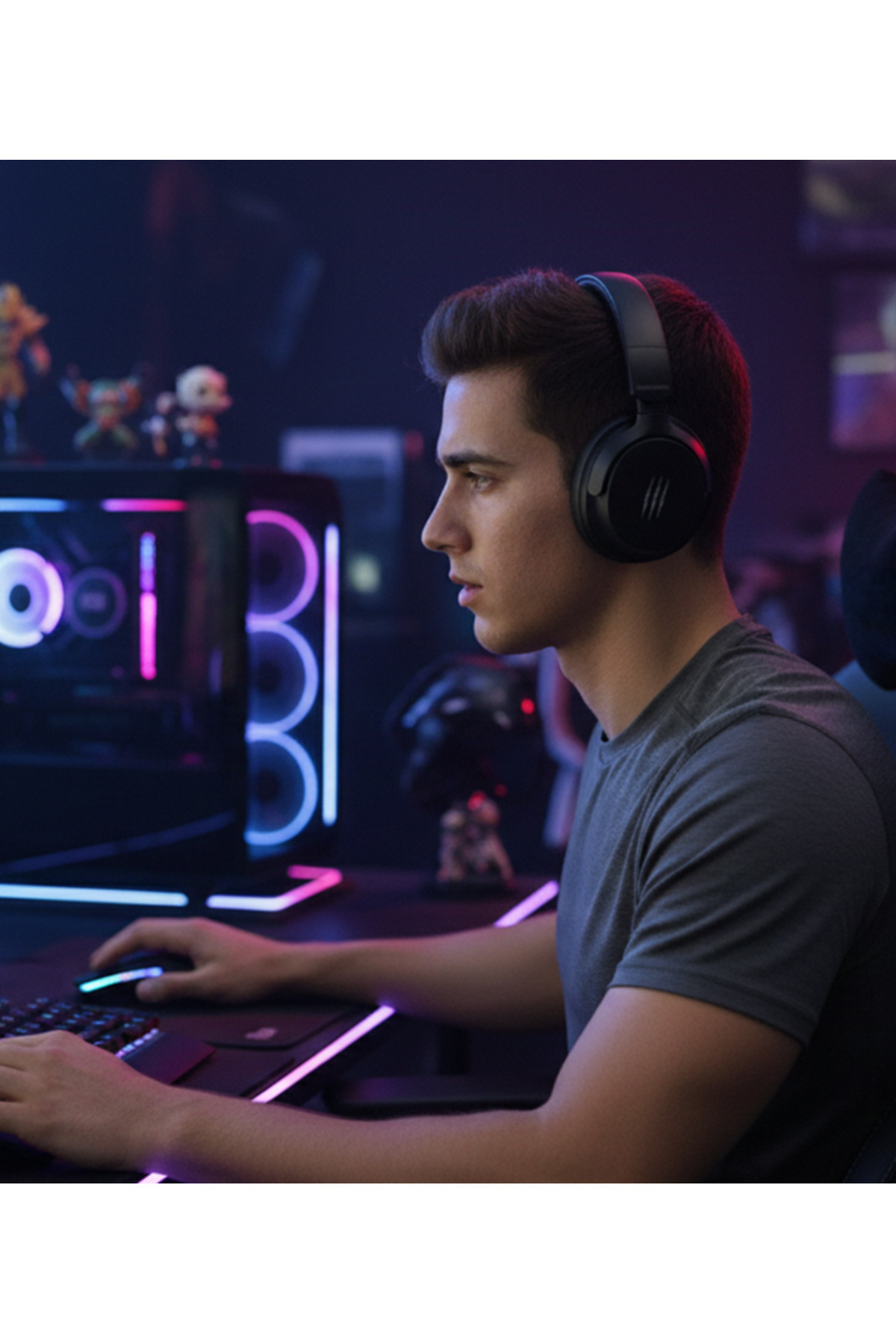 Kulaklıklı adam, ışıklı klavye ve fare ile PC'de oynuyor.