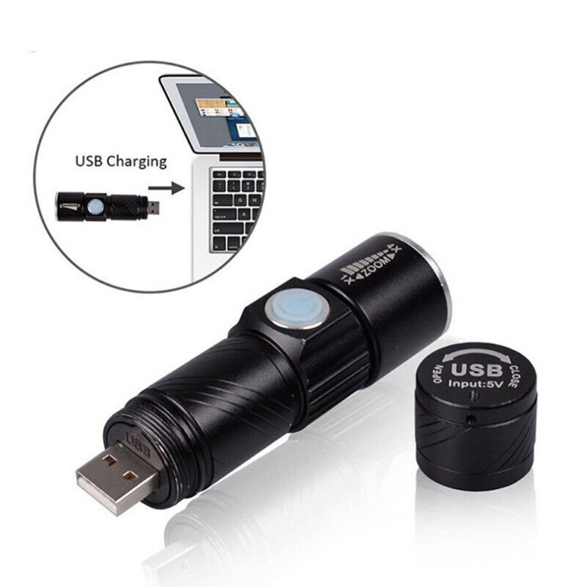 Schwarze Taschenlampe mit USB-Anschluss und abnehmbarem Deckel. Ladeanzeige.