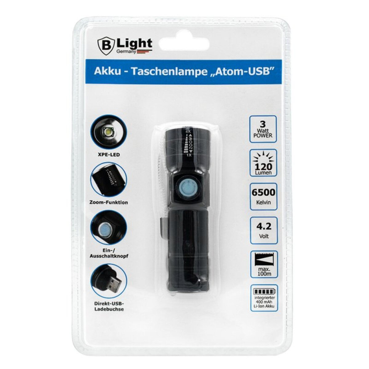 Verpackung einer schwarzen LED-Taschenlampe mit Zoomfunktion, XPE-LED und USB-Ladebuchse.