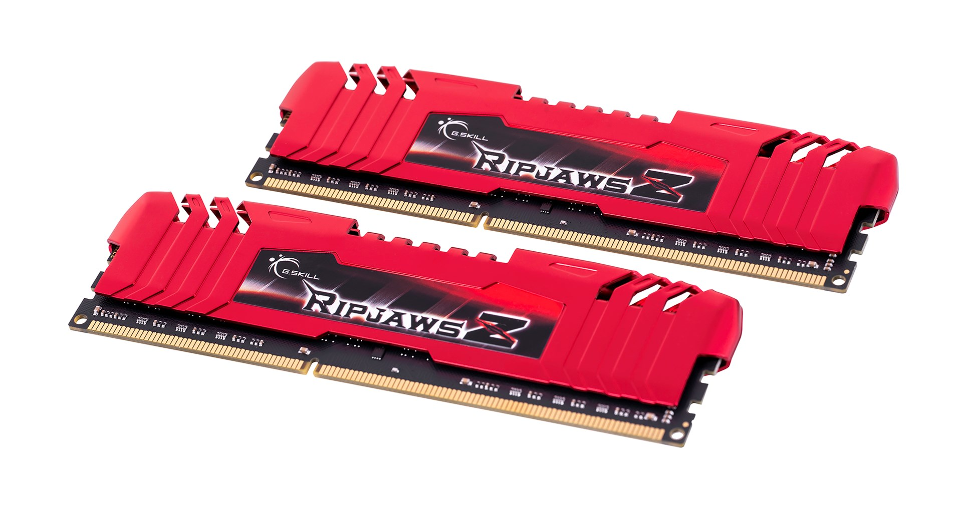 Dwa czerwone moduły RAM G.Skill Ripjaws Z ze złotymi stykami na białym tle.