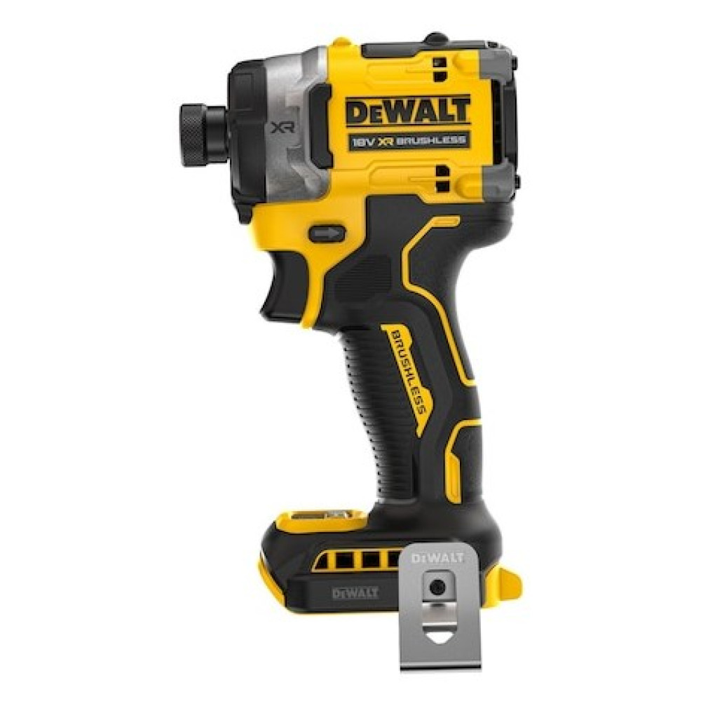 Un avvitatore a percussione DeWalt giallo e nero con clip argentata.