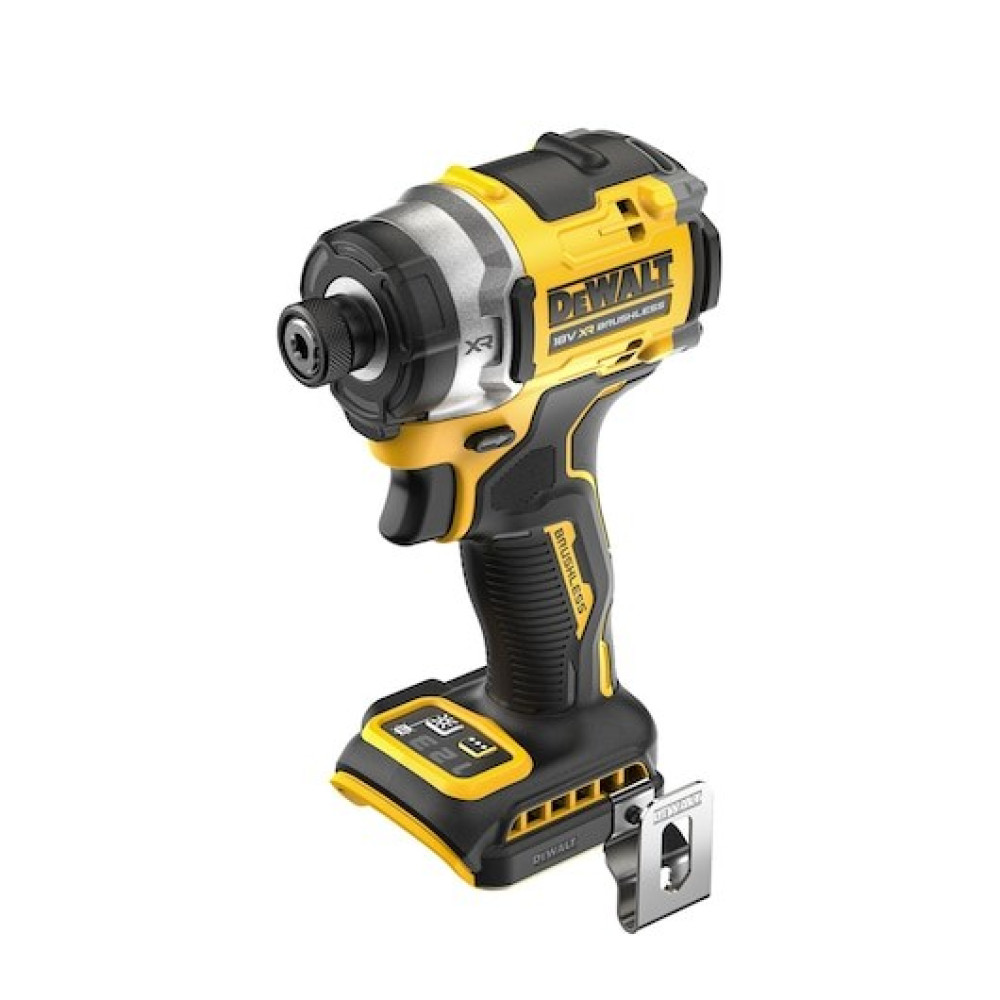Un avvitatore a percussione a batteria DeWalt giallo e nero con mandrino argentato.