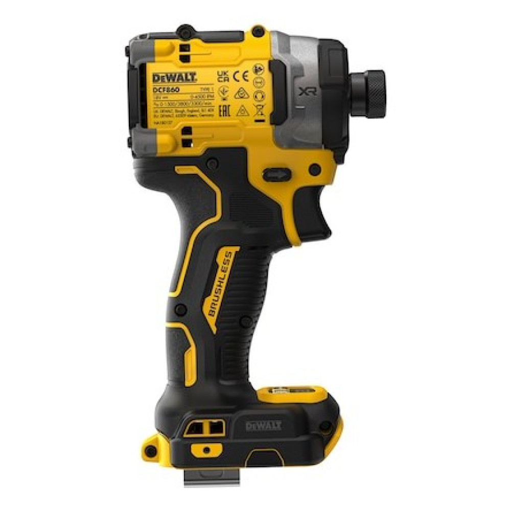 Un avvitatore a impulsi DeWalt giallo e nero. Motore brushless.
