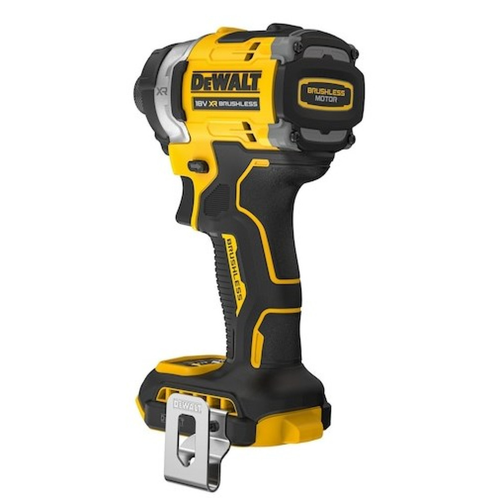 Un avvitatore a percussione DeWalt giallo e nero con clip metallica.