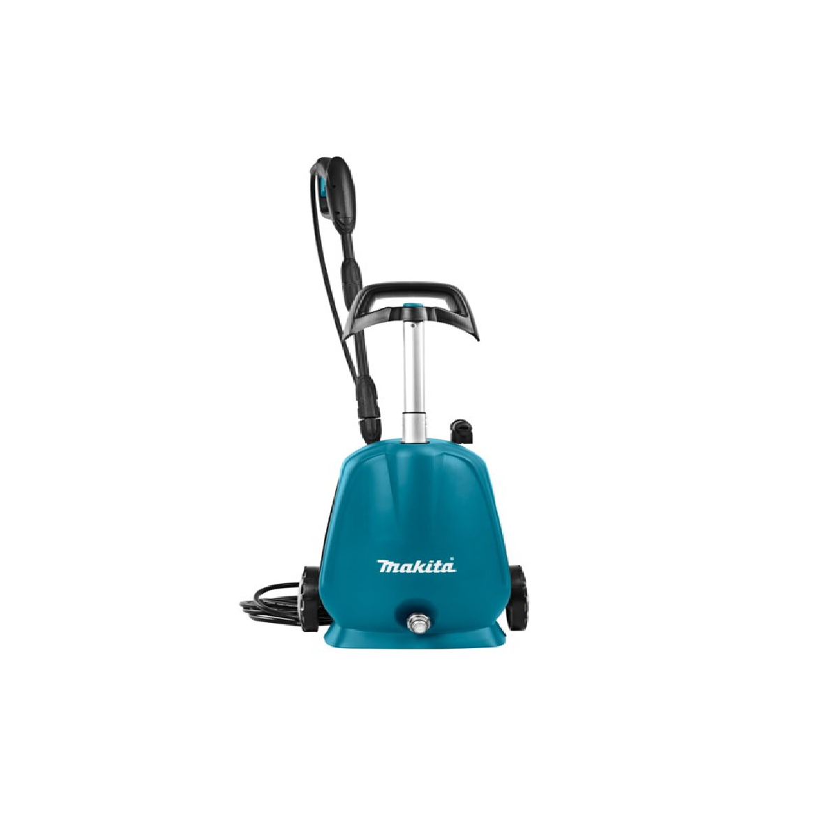 Turkusowa myjka ciśnieniowa z uchwytem i wężem na kołach.