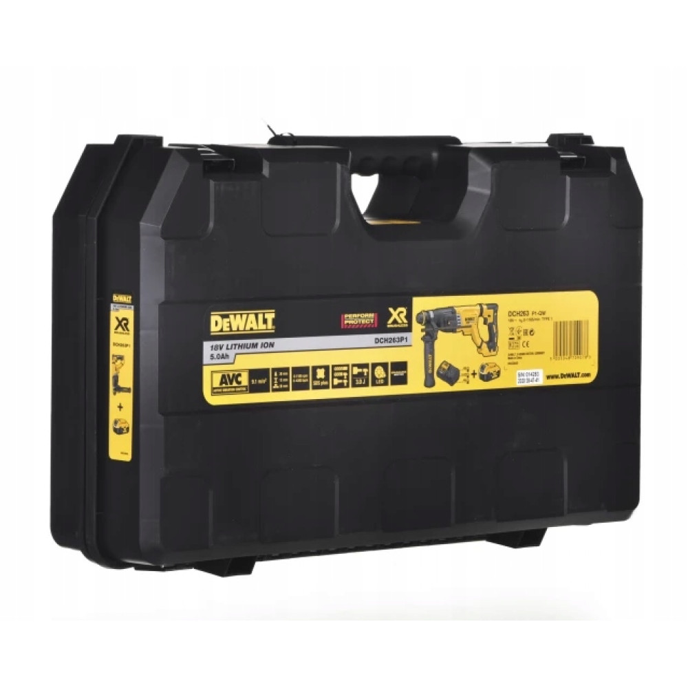 Czarna walizka narzędziowa DeWalt z żółtymi akcentami i ilustracjami narzędzi.