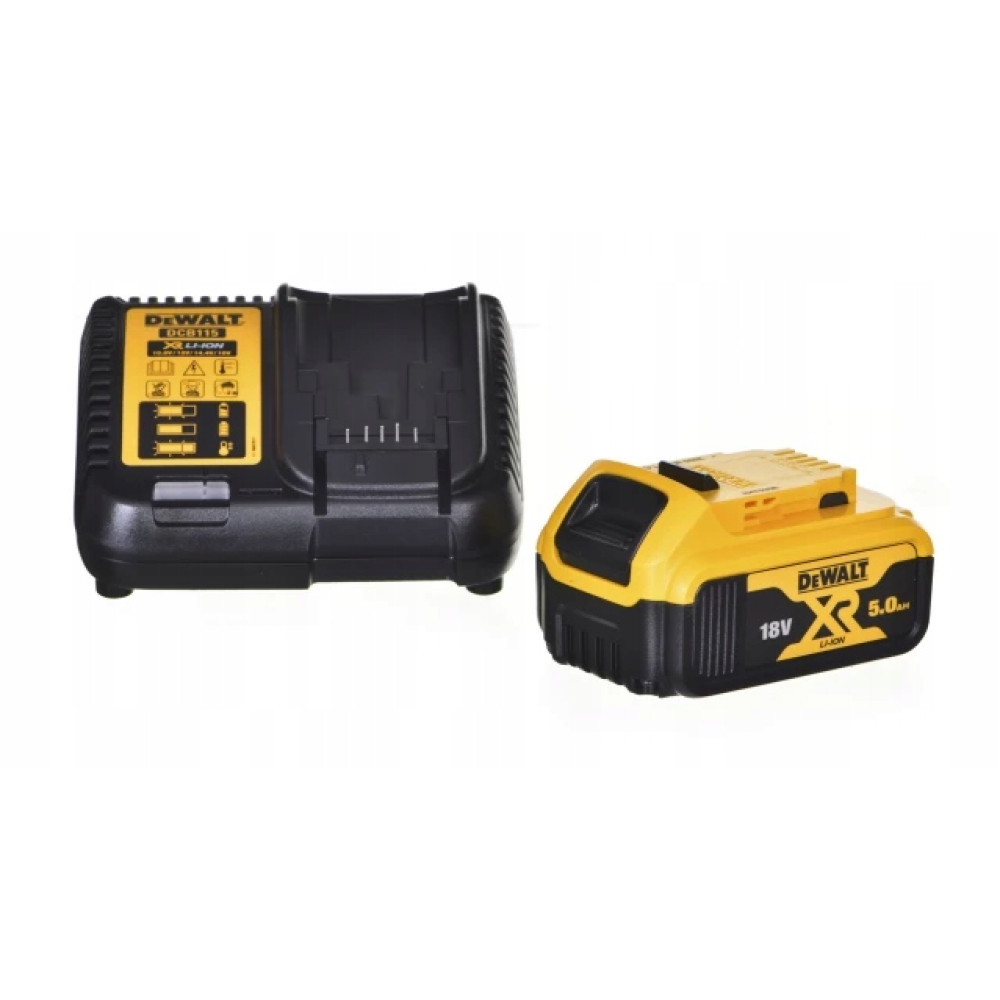 Czarna i żółta ładowarka i bateria Dewalt na białym tle.