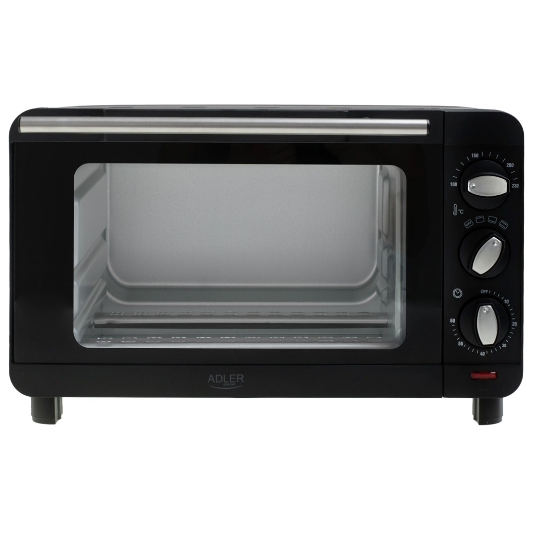 Forno elettrico nero da banco con porta in vetro e maniglia argentata. Tre manopole a destra.
