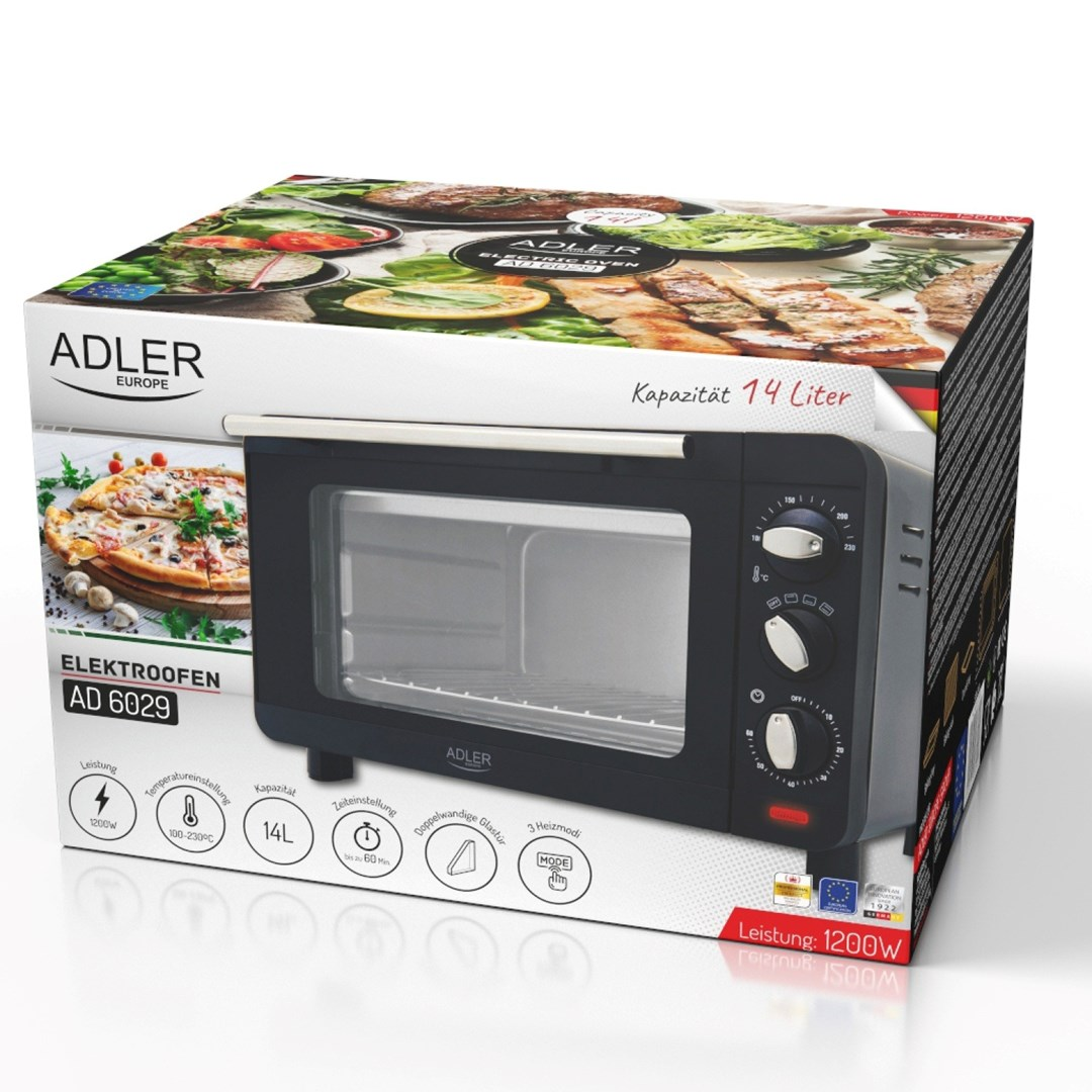 Adler Elektroofen AD 6029 con capacità 14L. Nero con manico argentato.