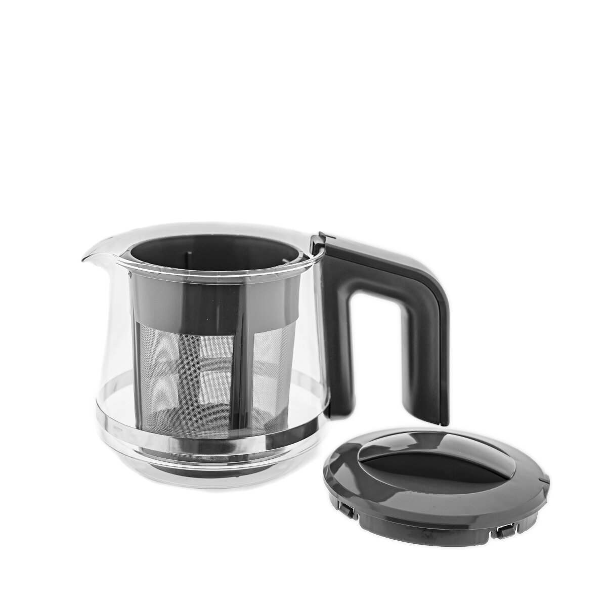 Glas-Teekanne mit Einsatz und separatem Deckel auf weißem Hintergrund.