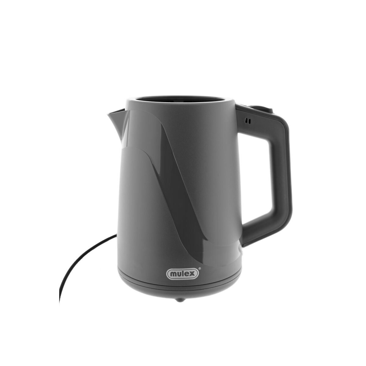 Grauer Wasserkocher mit Henkel und Ausguss, mit Kabel, auf weißem Hintergrund.