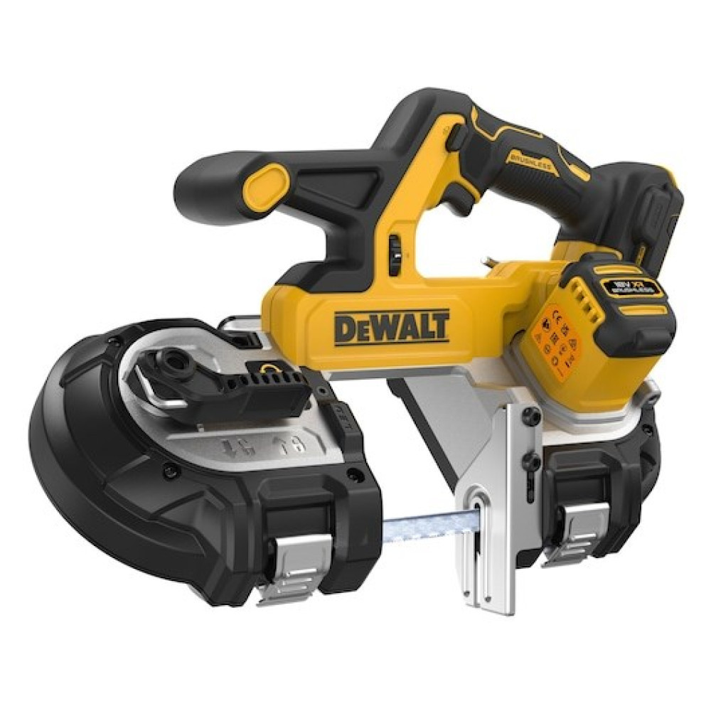 Żółta i czarna akumulatorowa piła taśmowa DeWalt z brzeszczotem.
