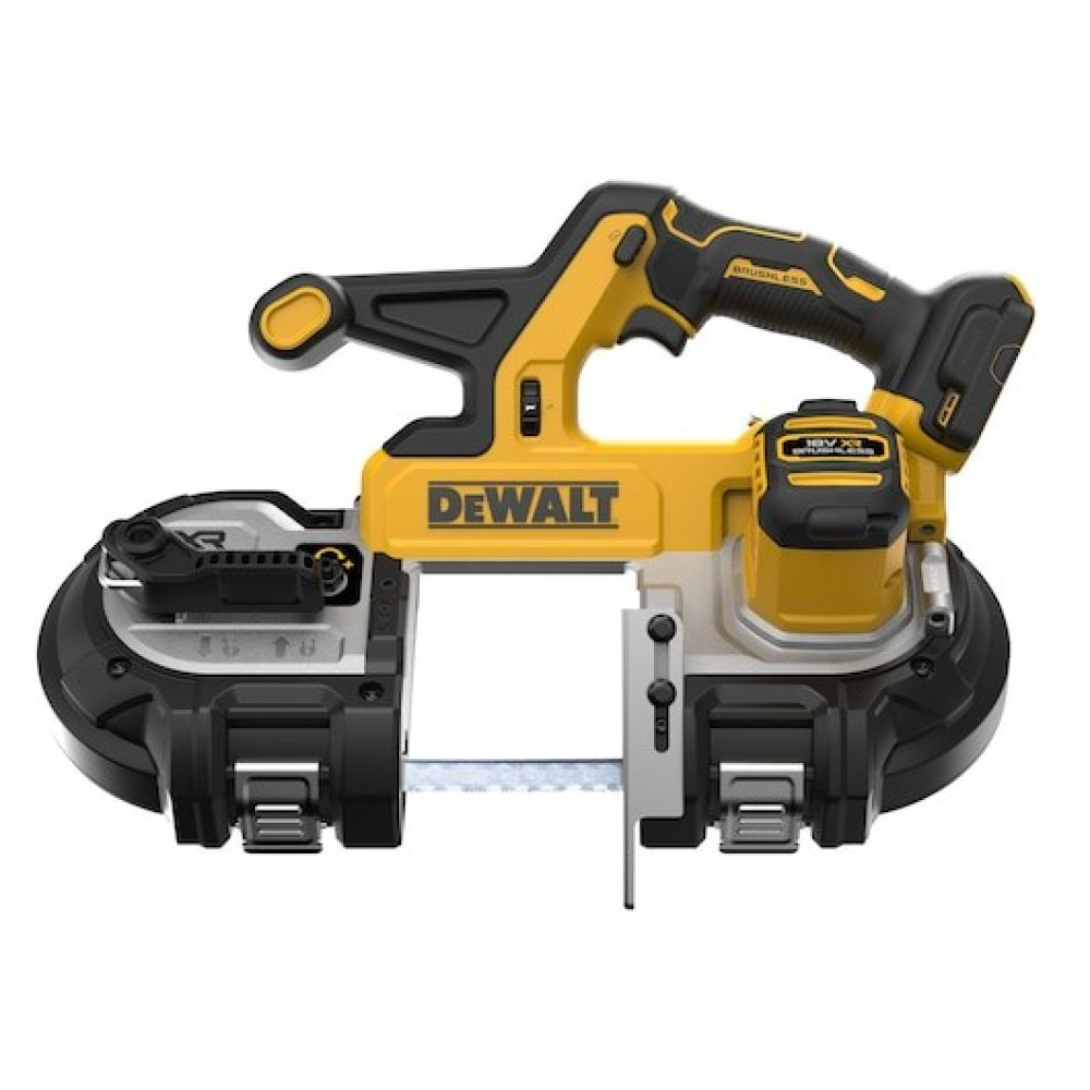 Żółta i czarna piła taśmowa Dewalt z akumulatorem.