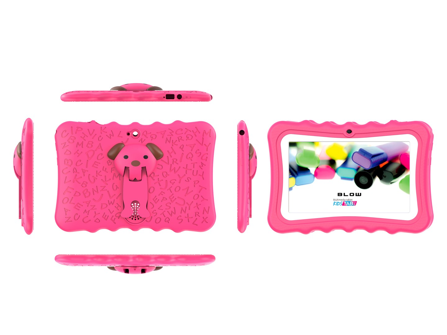 Różowy tablet z podstawką w kształcie psa i wzorem liter.