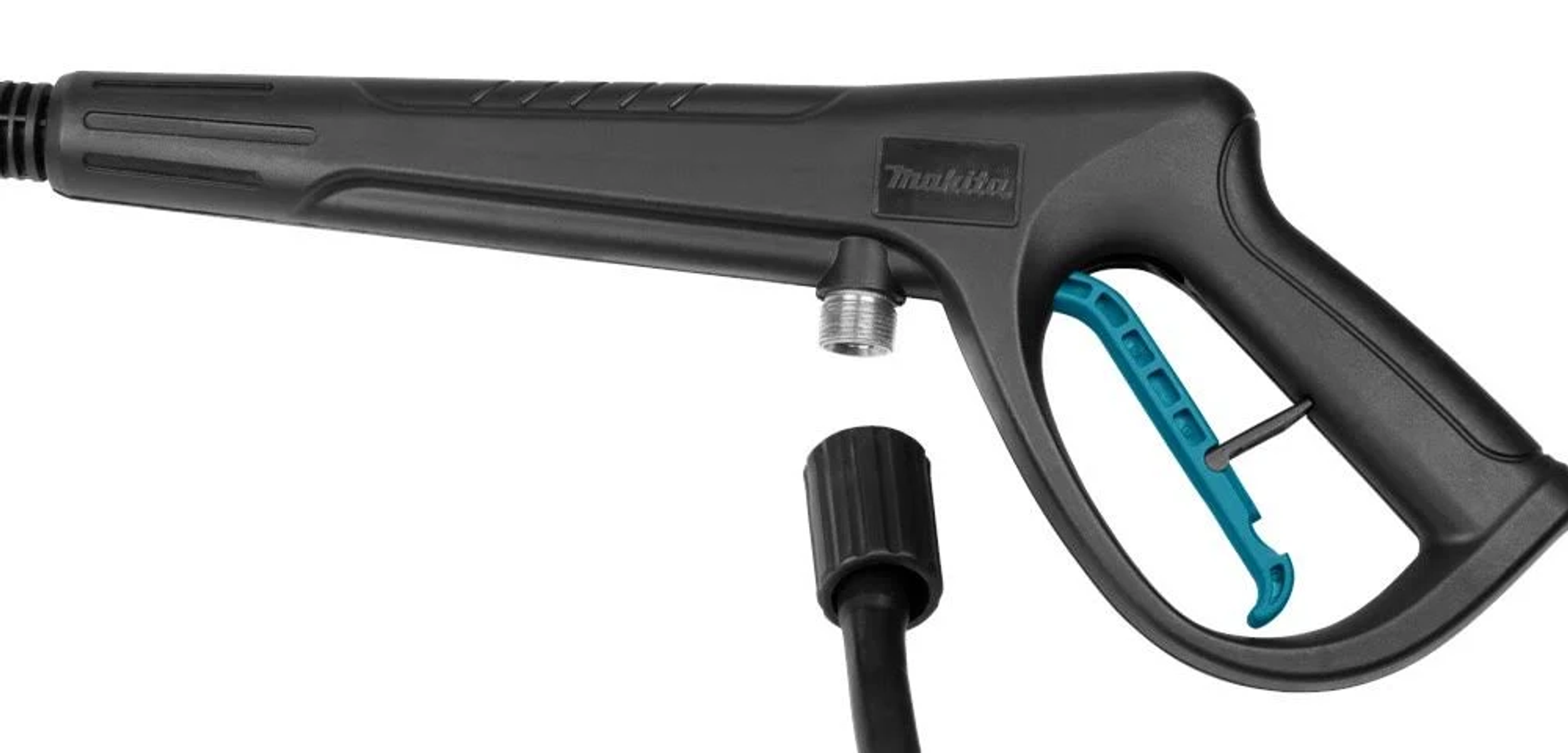 Czarny uchwyt myjki ciśnieniowej z niebieskim spustem i logo Makita.