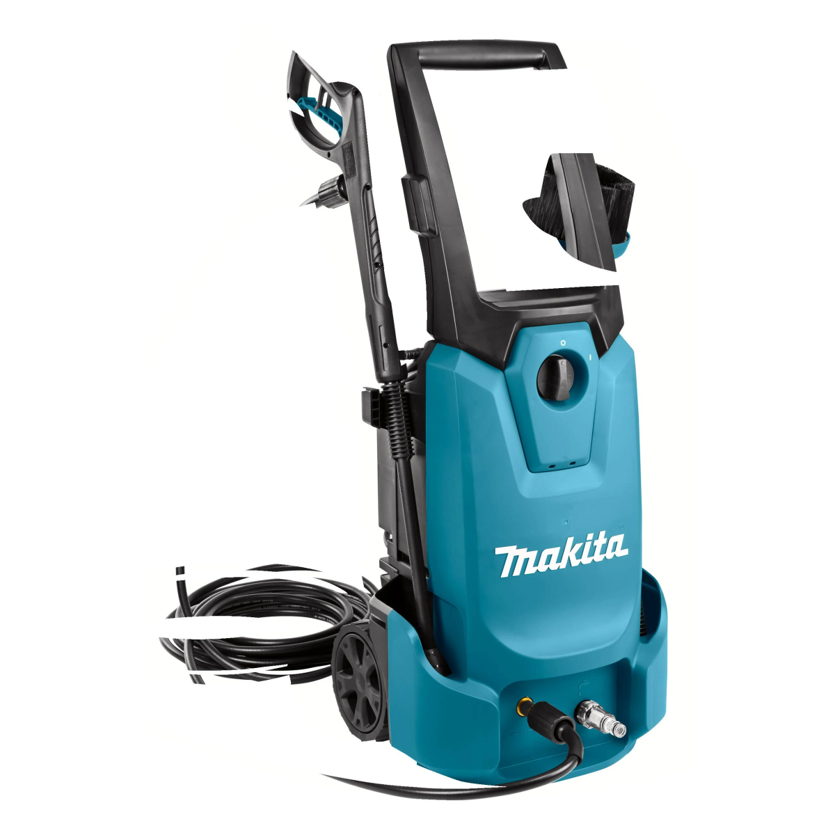 Turkusowa myjka ciśnieniowa z czarnym uchwytem i wężem.