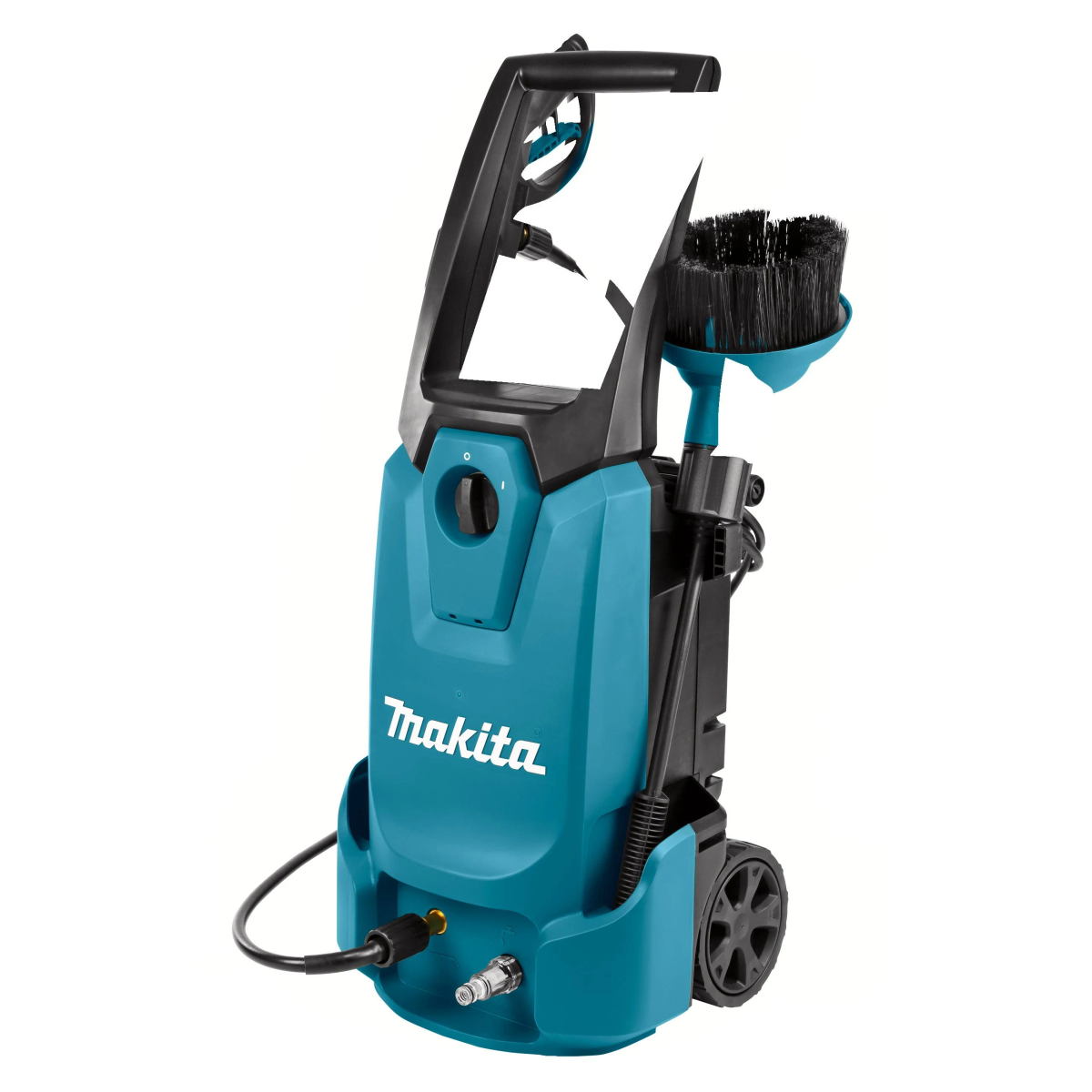Turkusowa myjka ciśnieniowa Makita z czarnym uchwytem, kołami i szczotką.