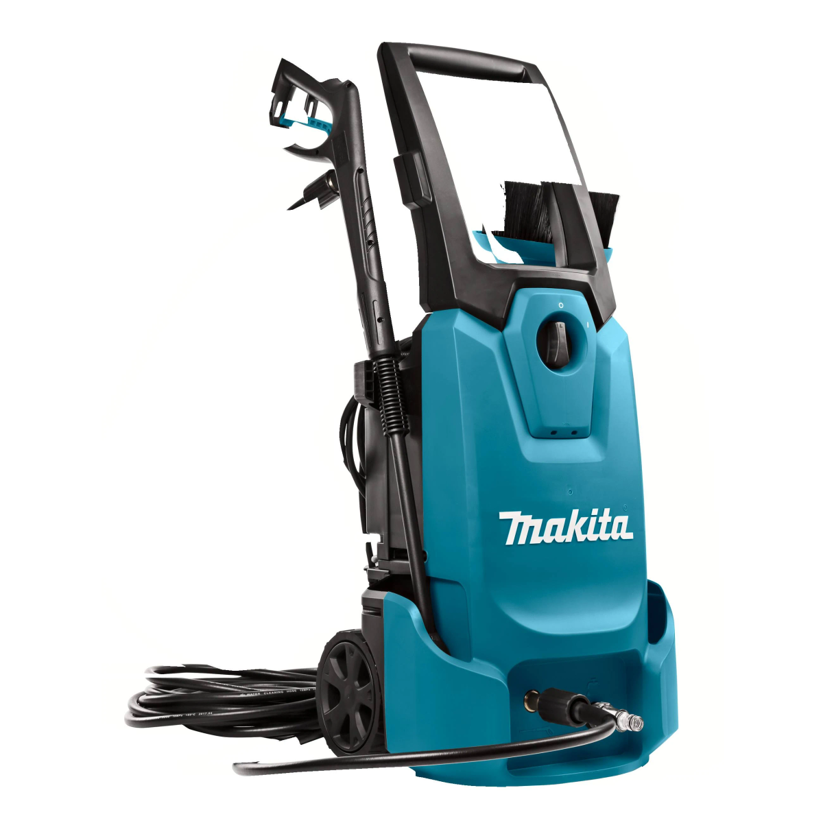 Turkusowa maszyna do mycia pod wysokim ciśnieniem z wężem, pistoletem i kołami.