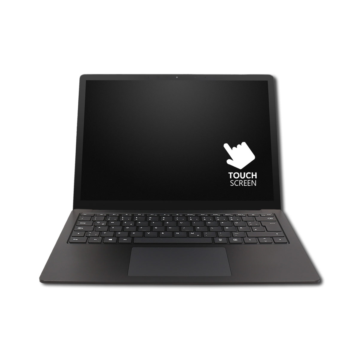 Ein dunkles Laptop mit Tastatur und Touchscreen-Symbol.