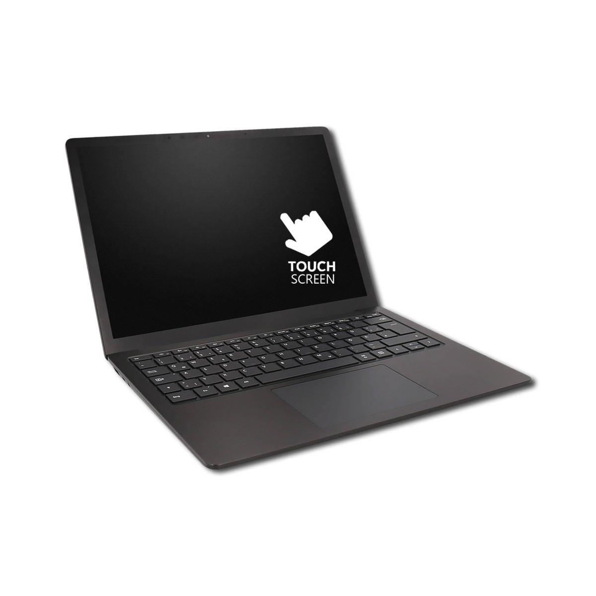 Ein dunkelgraues Laptop mit schwarzem Bildschirm, das ein weißes Touch-Symbol zeigt.