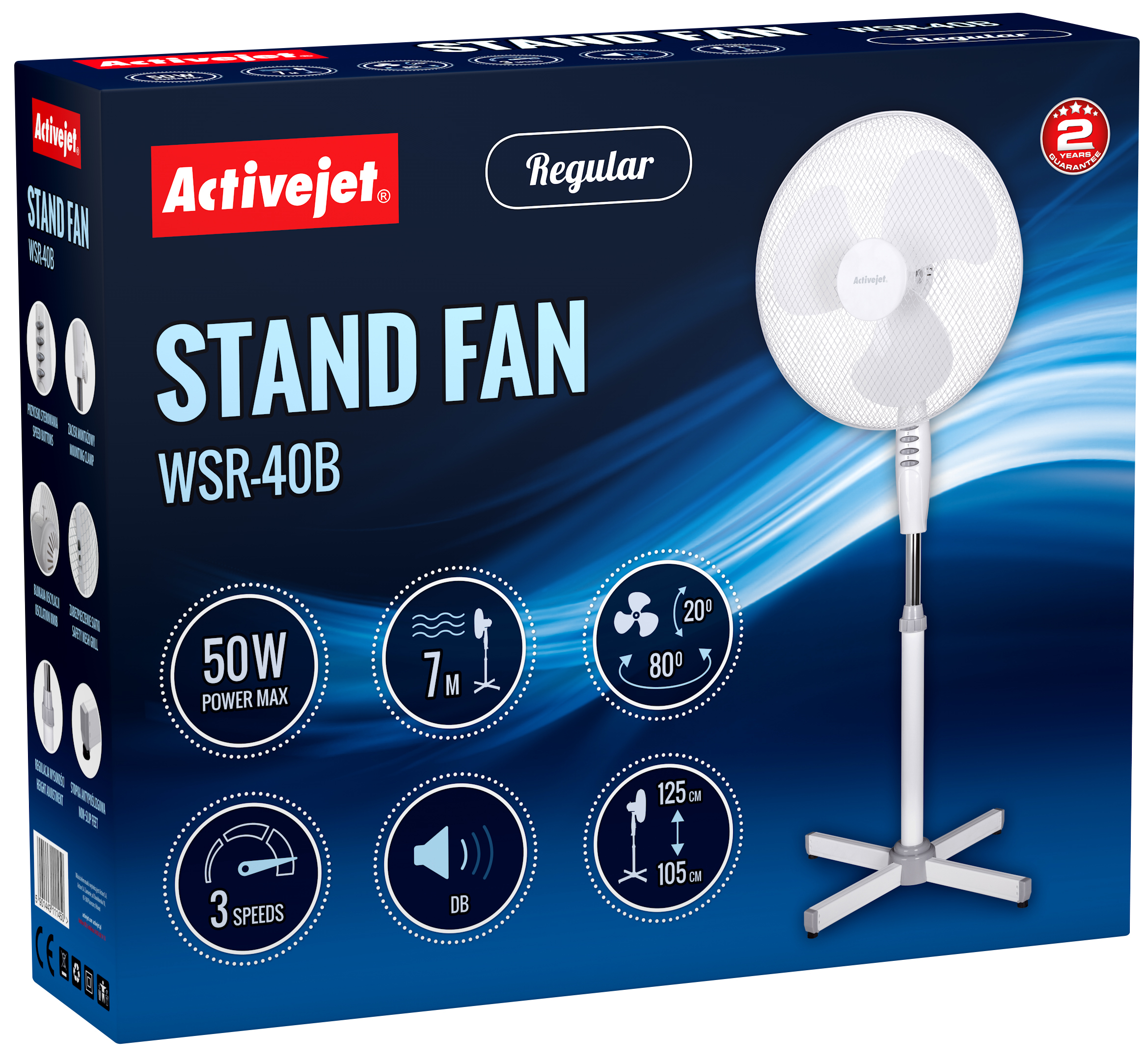Opakowanie białego wentylatora stojącego z niebieskimi akcentami i detalami produktu.