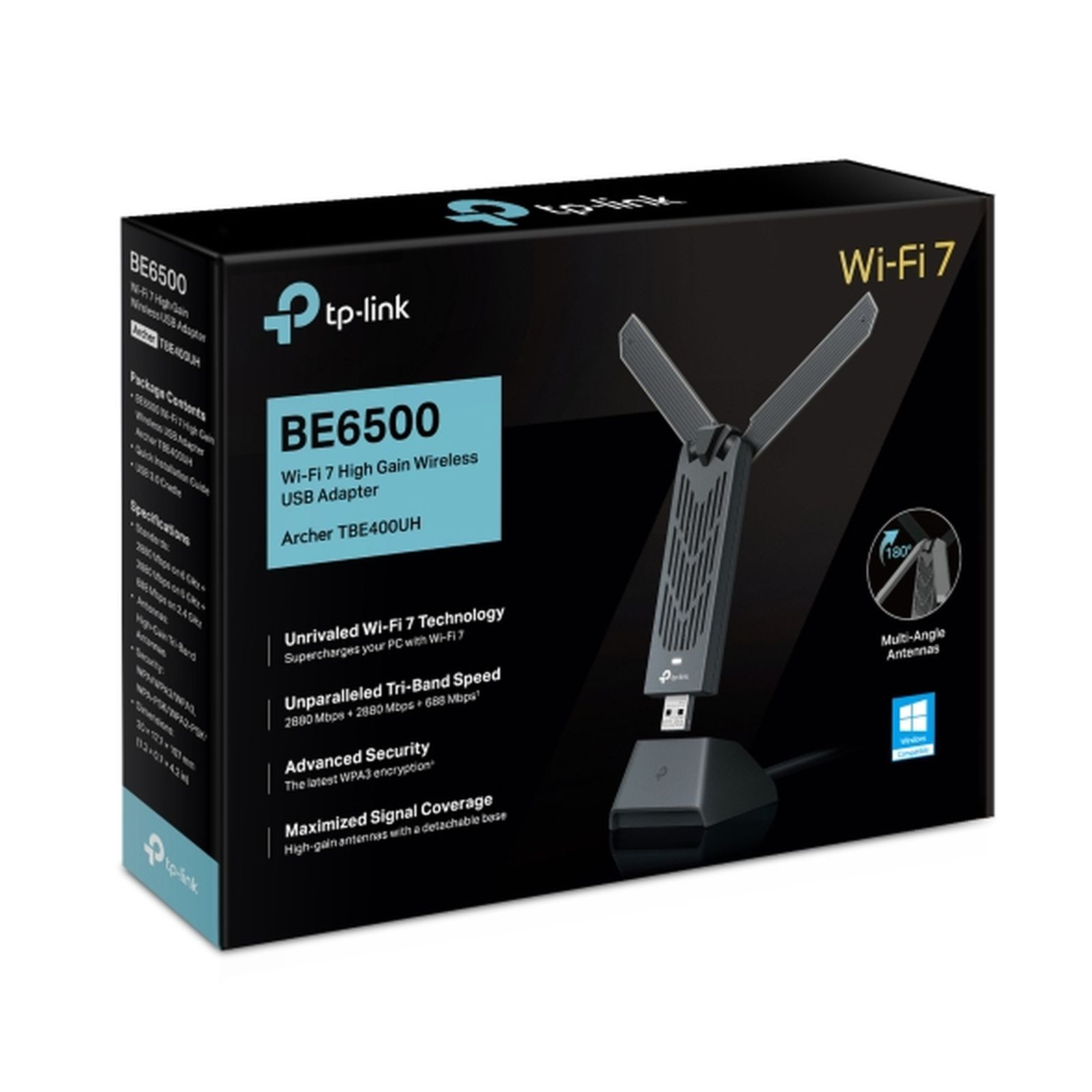 Adattatore USB Wi-Fi 7 TP-Link BE6500 con antenne e supporto su confezione nera.