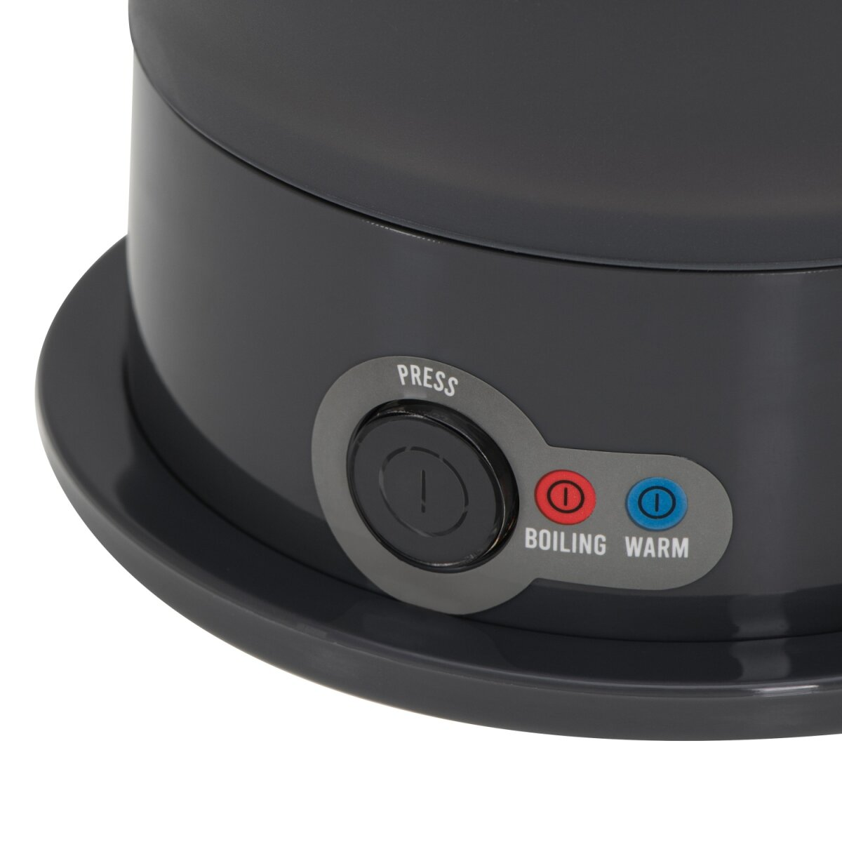 Ciemnoszare urządzenie z czarnym przyciskiem i czerwonymi/niebieskimi wskaźnikami.