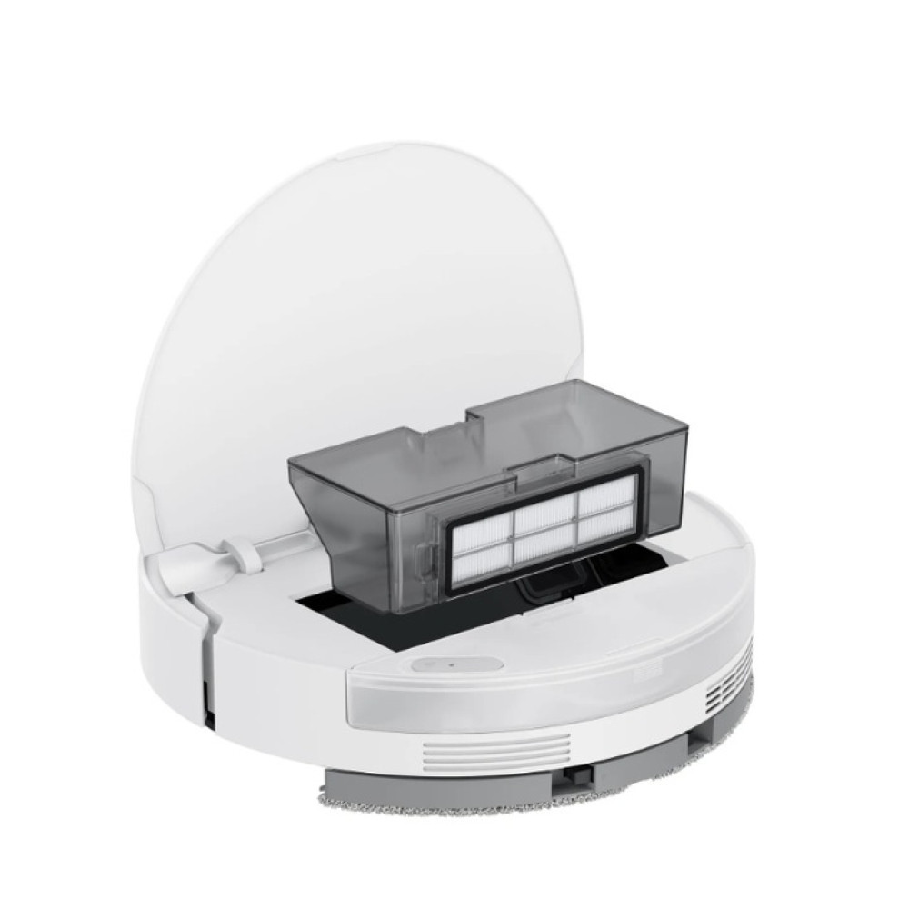 Aspirapolvere robot bianco, coperchio aperto, mostra pattumiera e filtro.