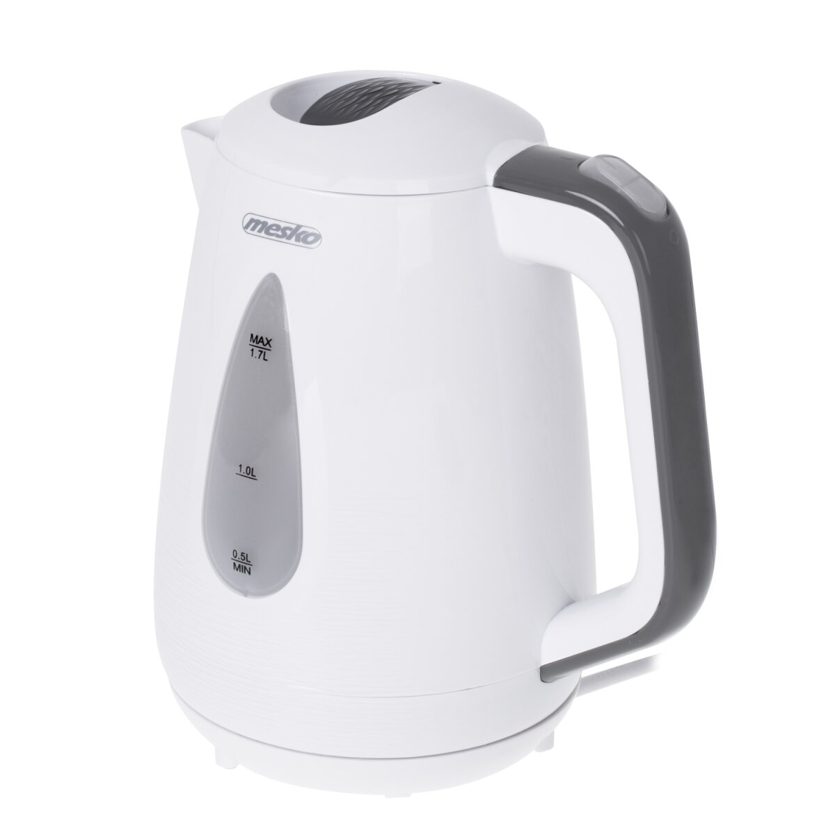 Un bollitore elettrico bianco con manico e coperchio grigi, con indicatore livello acqua.