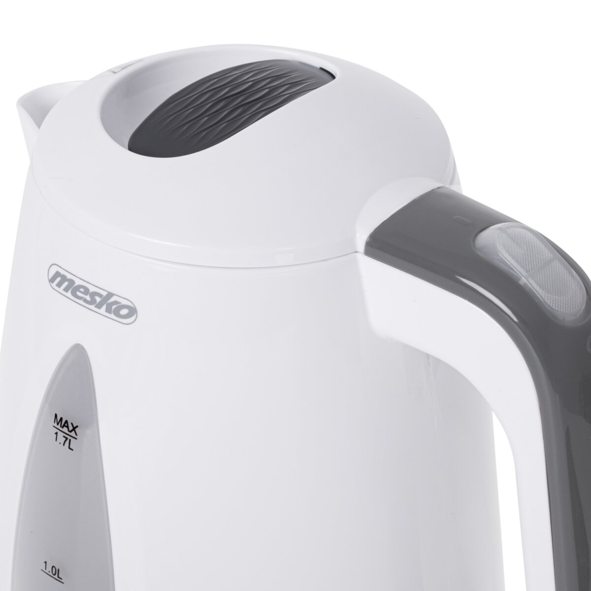 Primo piano di un bollitore elettrico bianco con accenti grigi e indicatore del livello dell'acqua.