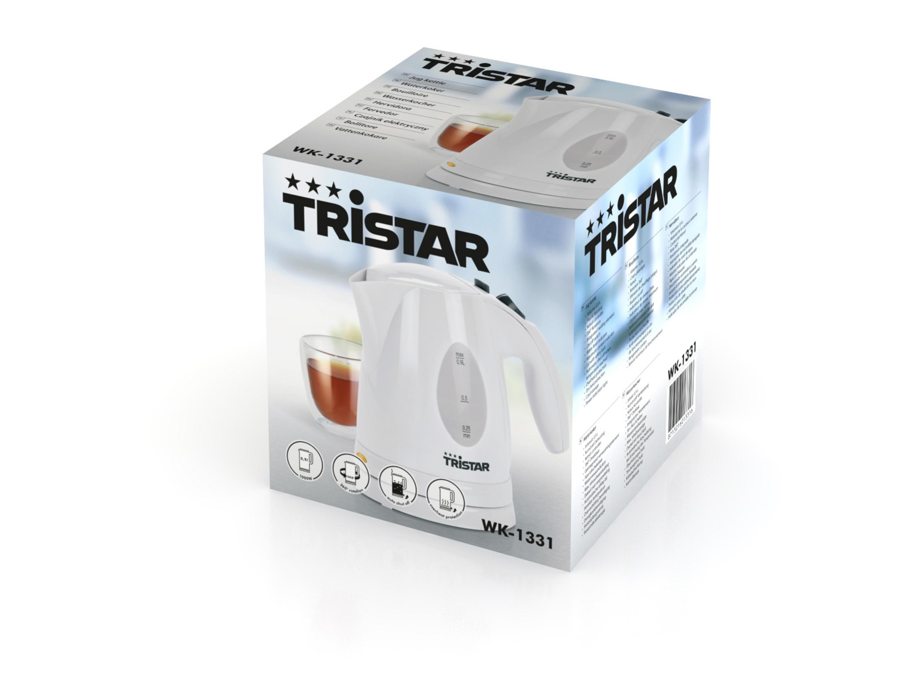 Verpackung eines weißen Tristar Wasserkochers WK-1331 mit Glas und Tee.