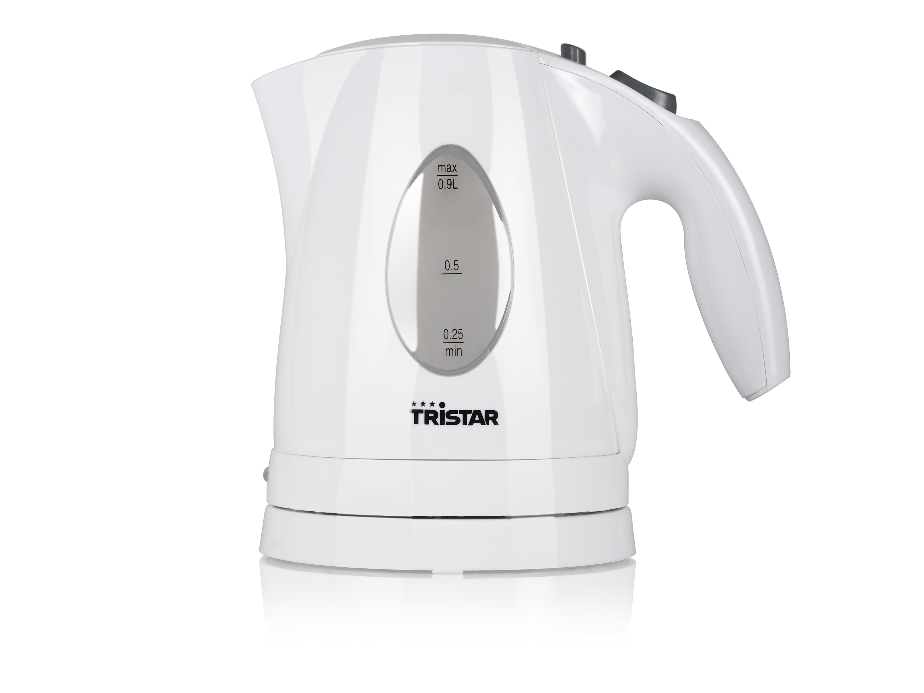Ein weißer Wasserkocher mit Tristar-Logo und Füllstandsanzeige.