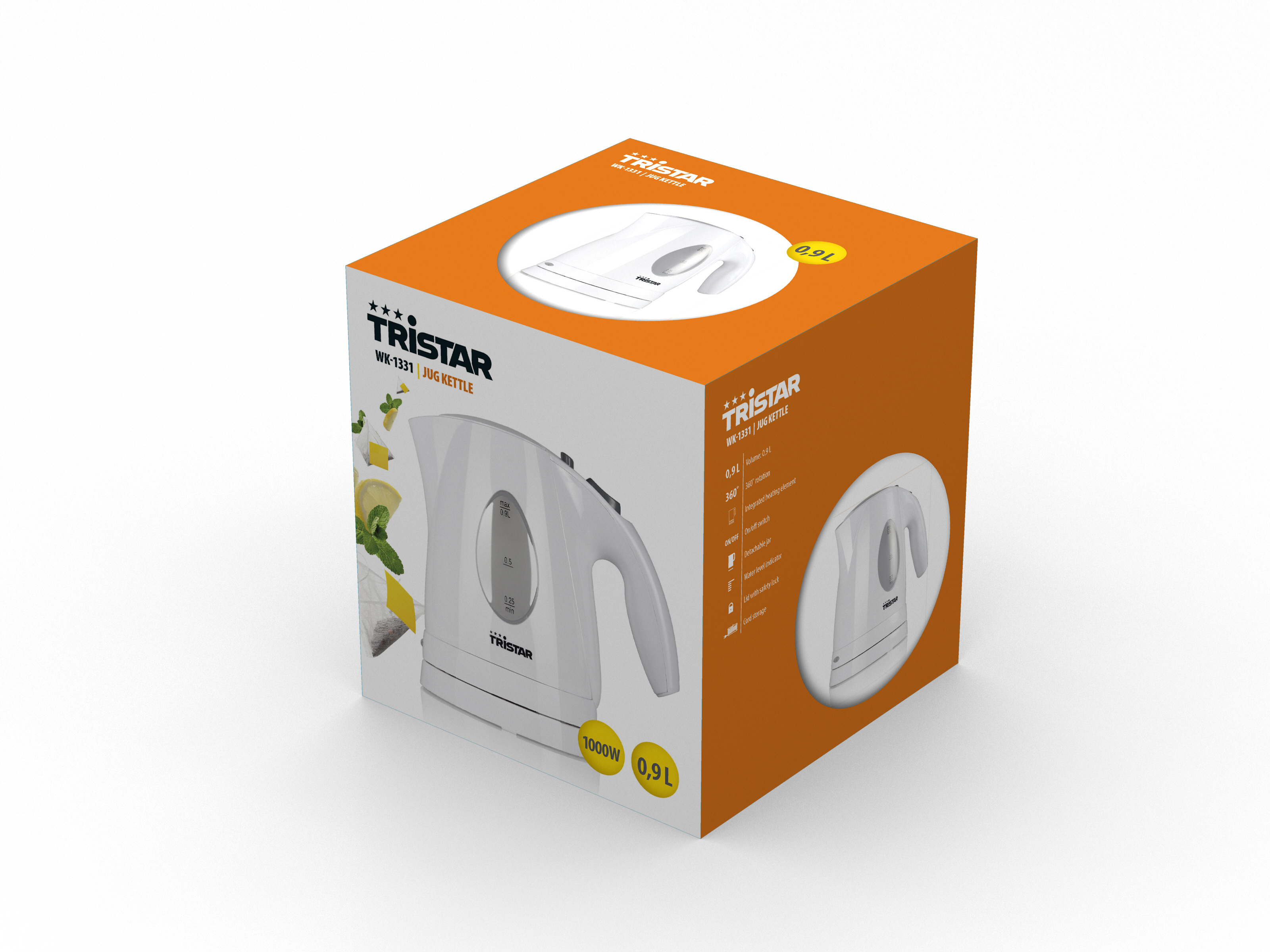 Tristar WK-1331 Wasserkocher-Verpackung mit Bild eines weißen Wasserkochers.