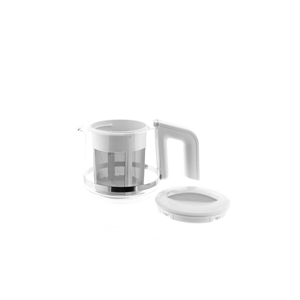 Eine weiße Teekanne aus Glas mit Metallsieb und abnehmbarem Deckel.