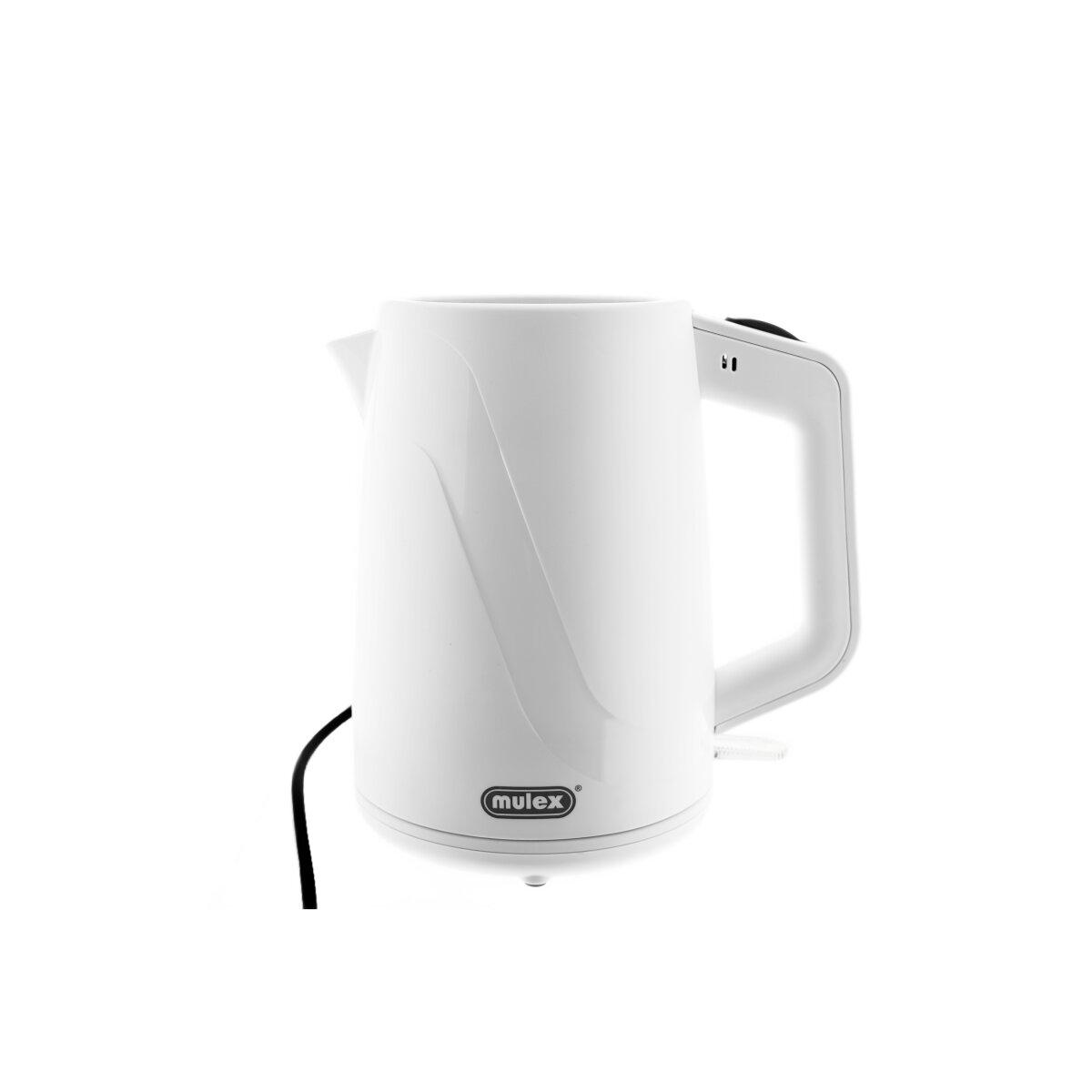 Ein weißer, kabelloser Wasserkocher mit schwarzem Kabel und Mulax-Logo.