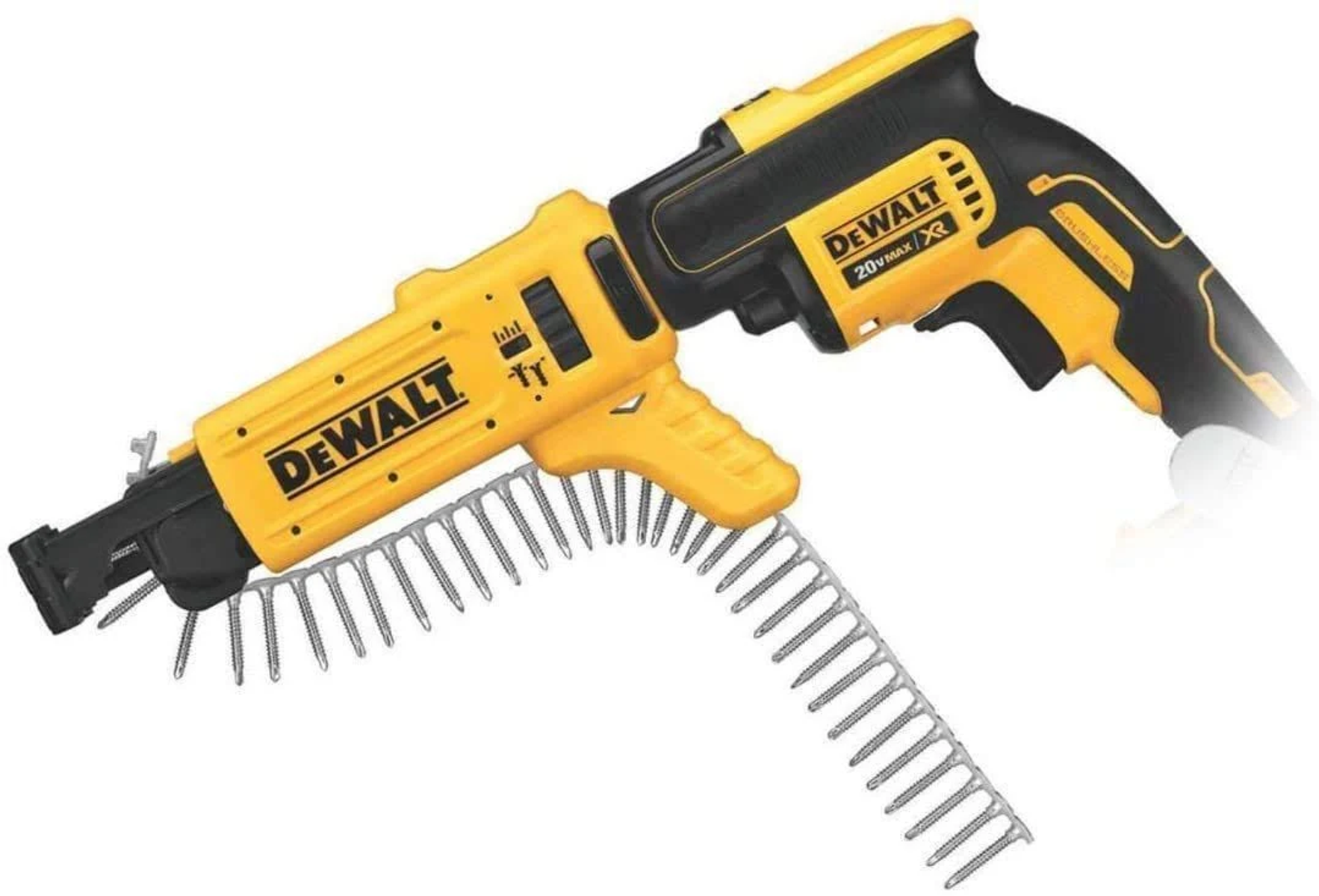 Żółto-czarny pistolet do wkręcania z taśmą śrub, logo DeWalt.