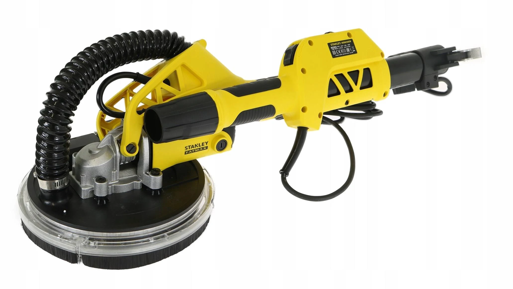 Żółta szlifierka Stanley Fatmax do ścian i sufitów z czarnym wężem i kablem.