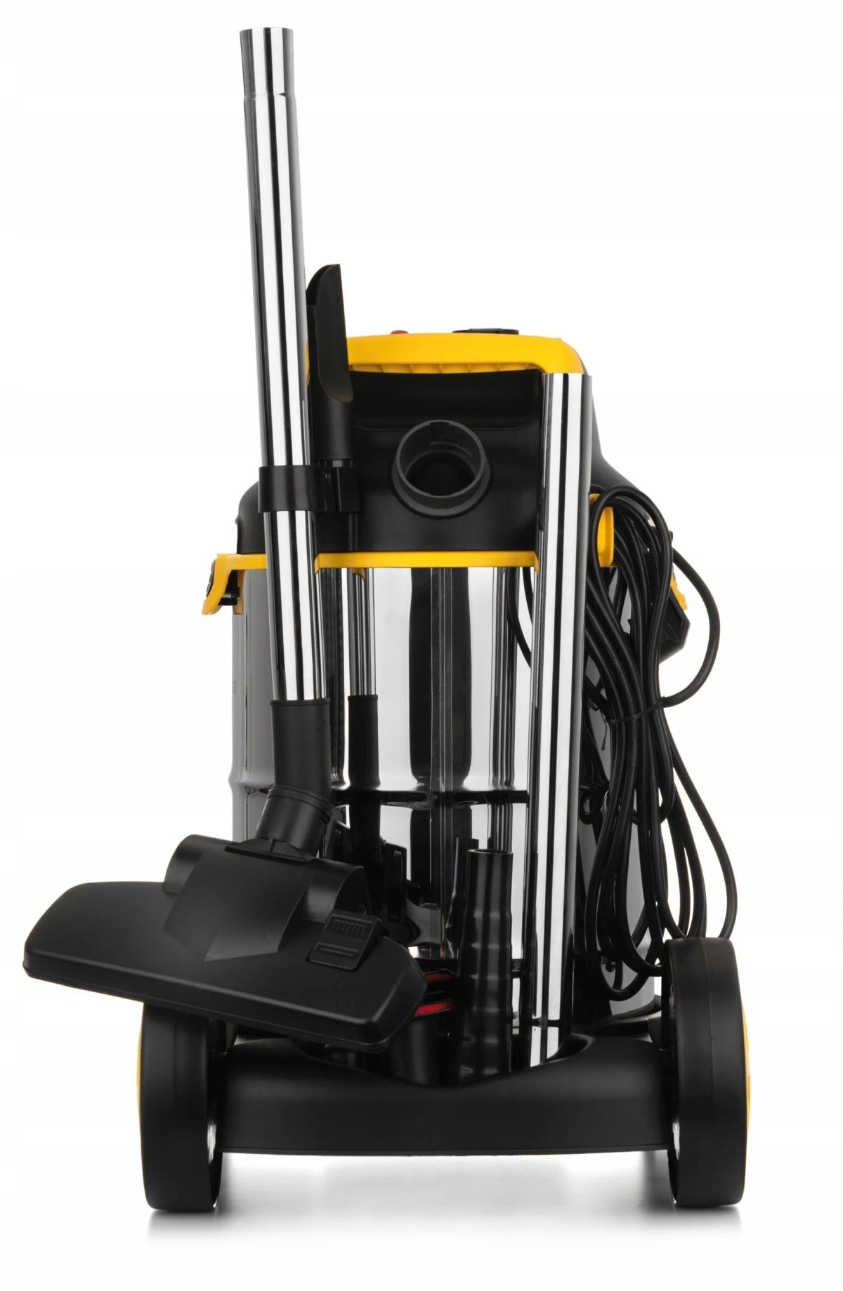 Żółty i czarny odkurzacz do pracy na mokro i sucho z chromową rurą.