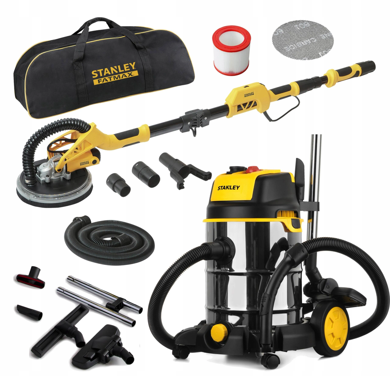 Szlifierka do płyt gipsowo-kartonowych Stanley Fatmax, odkurzacz, torba, filtr.