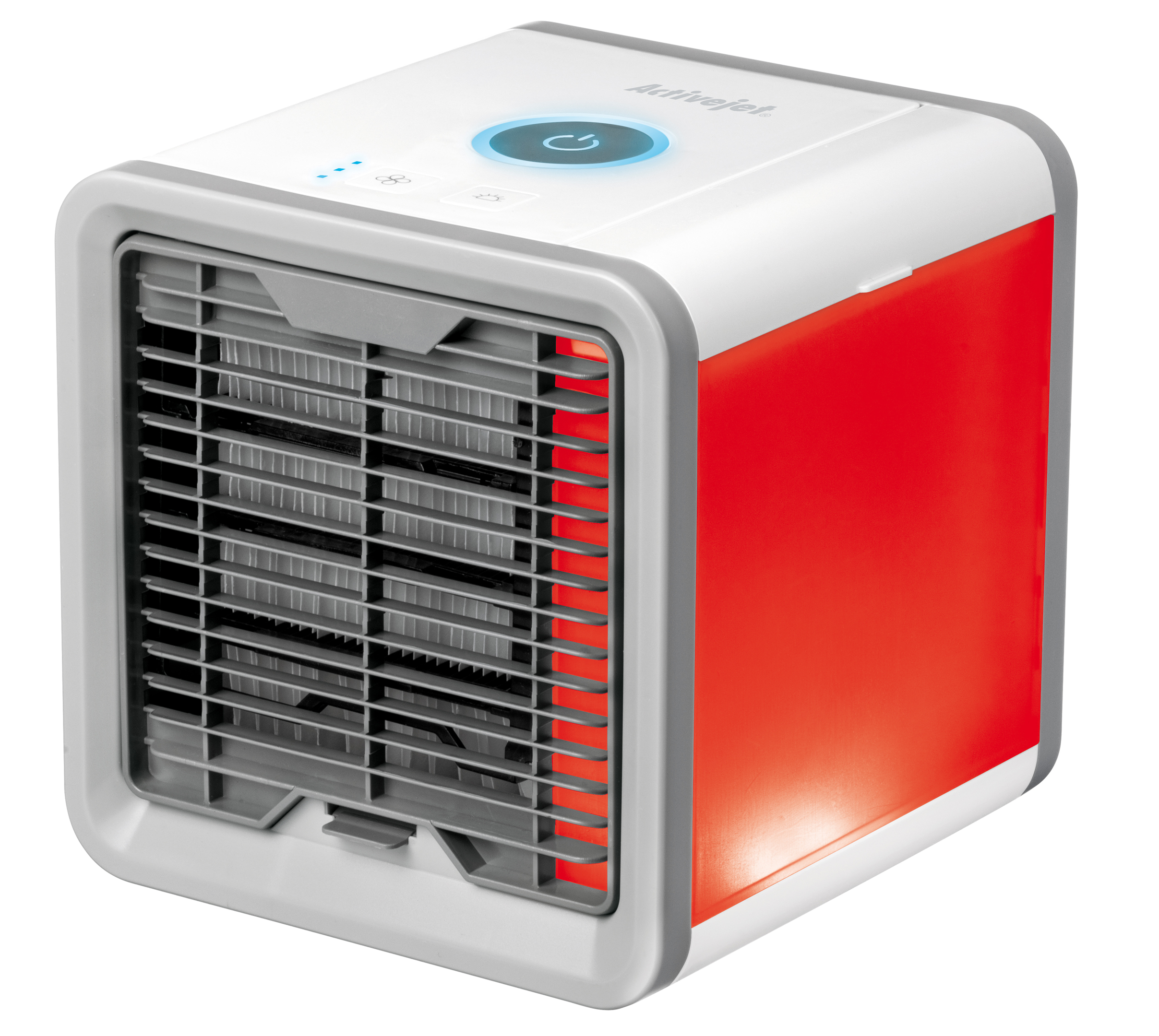 Un refrigeratore d'aria bianco e rosso con griglia di ventilazione e pulsanti.