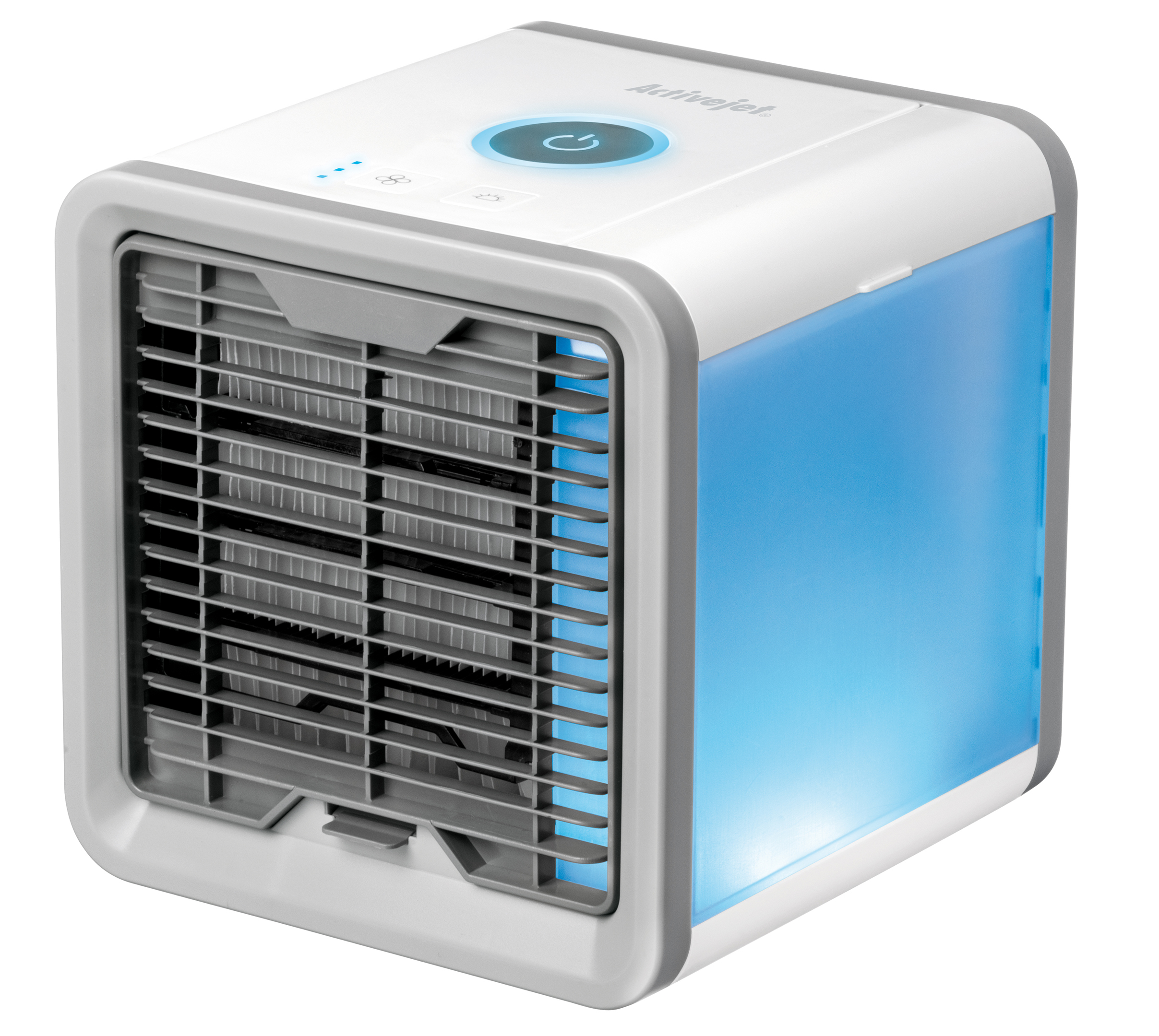 Un mini condizionatore portatile bianco e grigio con serbatoio dell'acqua blu.